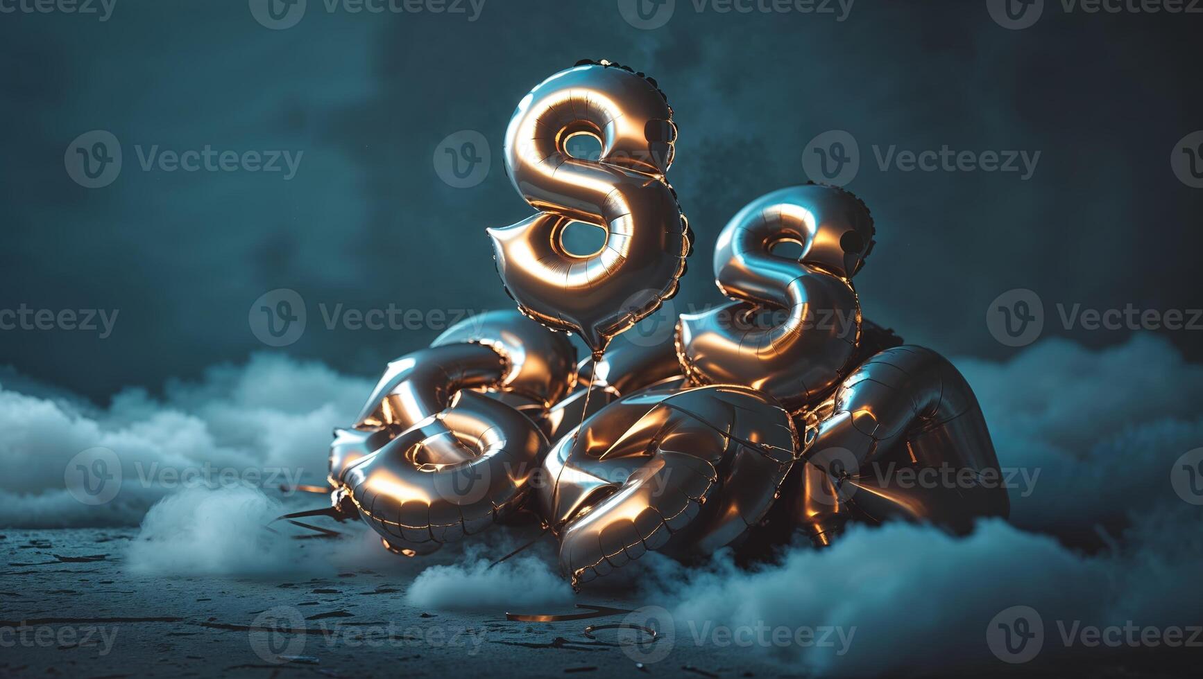 Colorful metallic balloons arranged playfully on a foggy surface under soft lighting photo