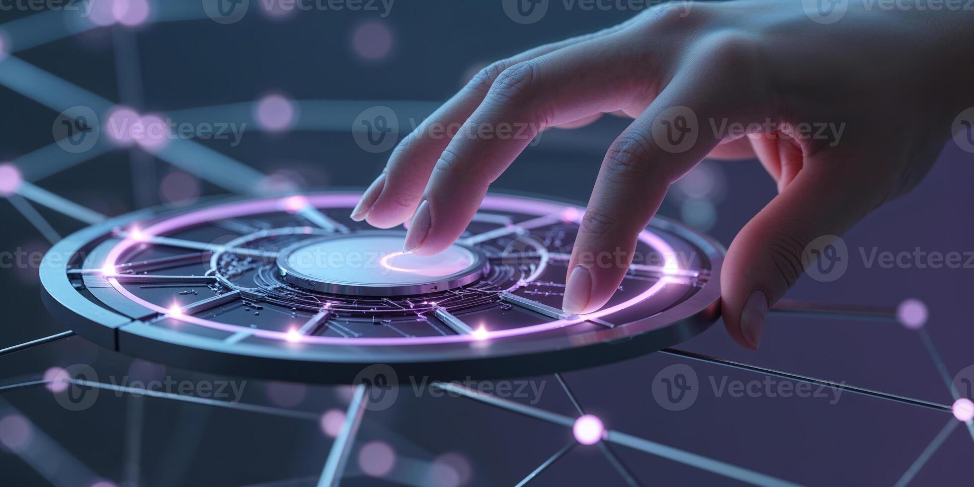 Futuristic hand interacting with a holographic control panel amidst glowing connections and network lines photo