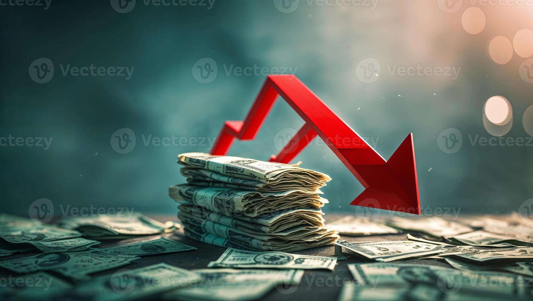 Financial decline signified by decreasing stock market trend with dollar bills in the background photo