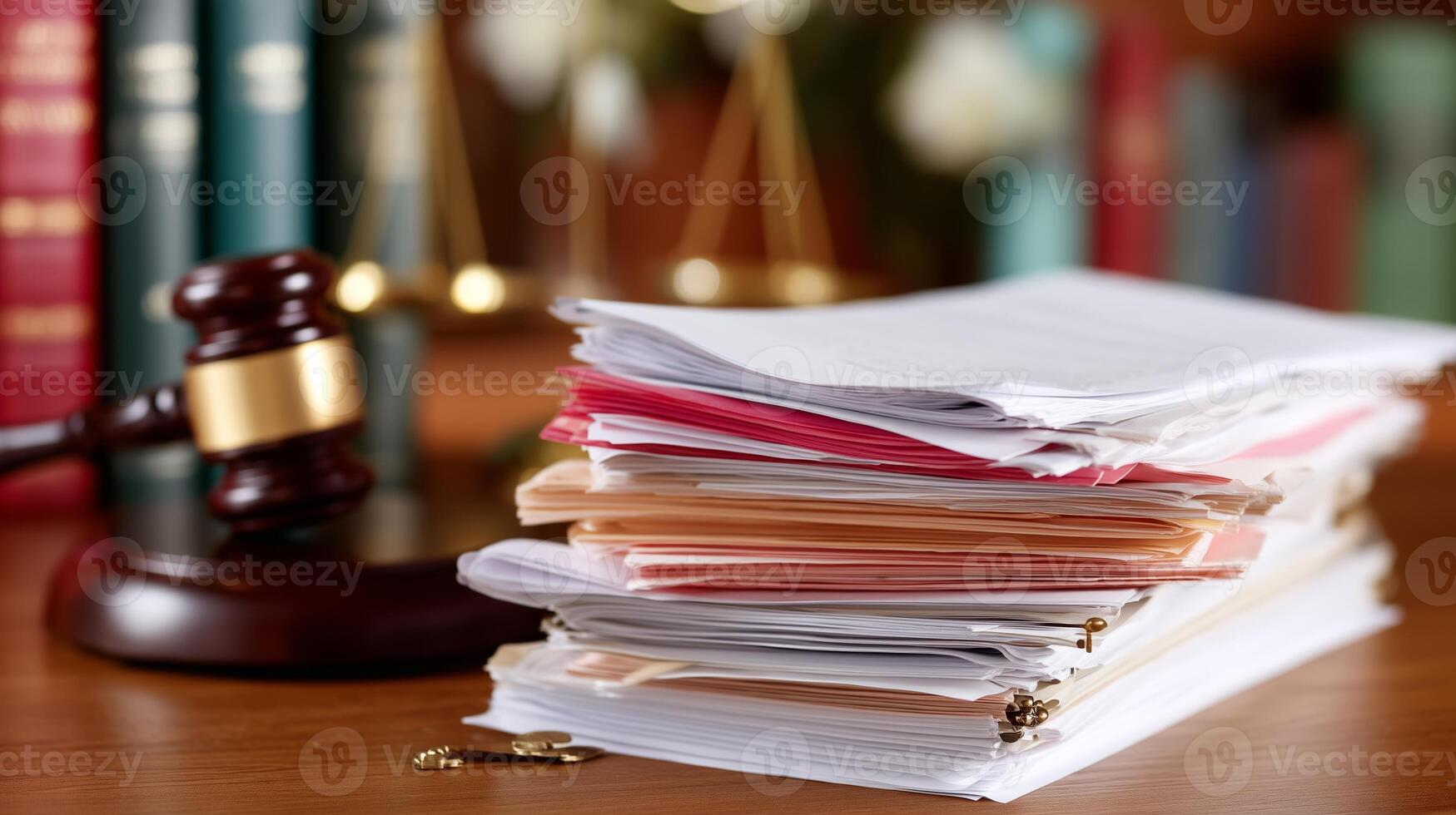 Legal documents organized on a desk with a gavel and law books in the background during office hours photo