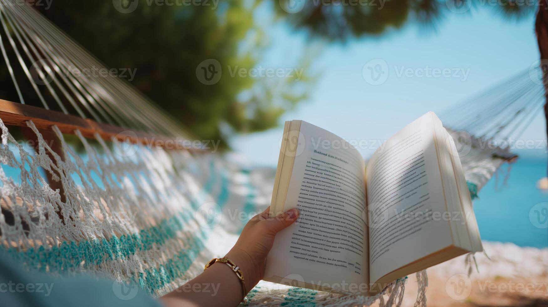 Relaxing in a hammock while reading a book by the water on a sunny day in nature photo