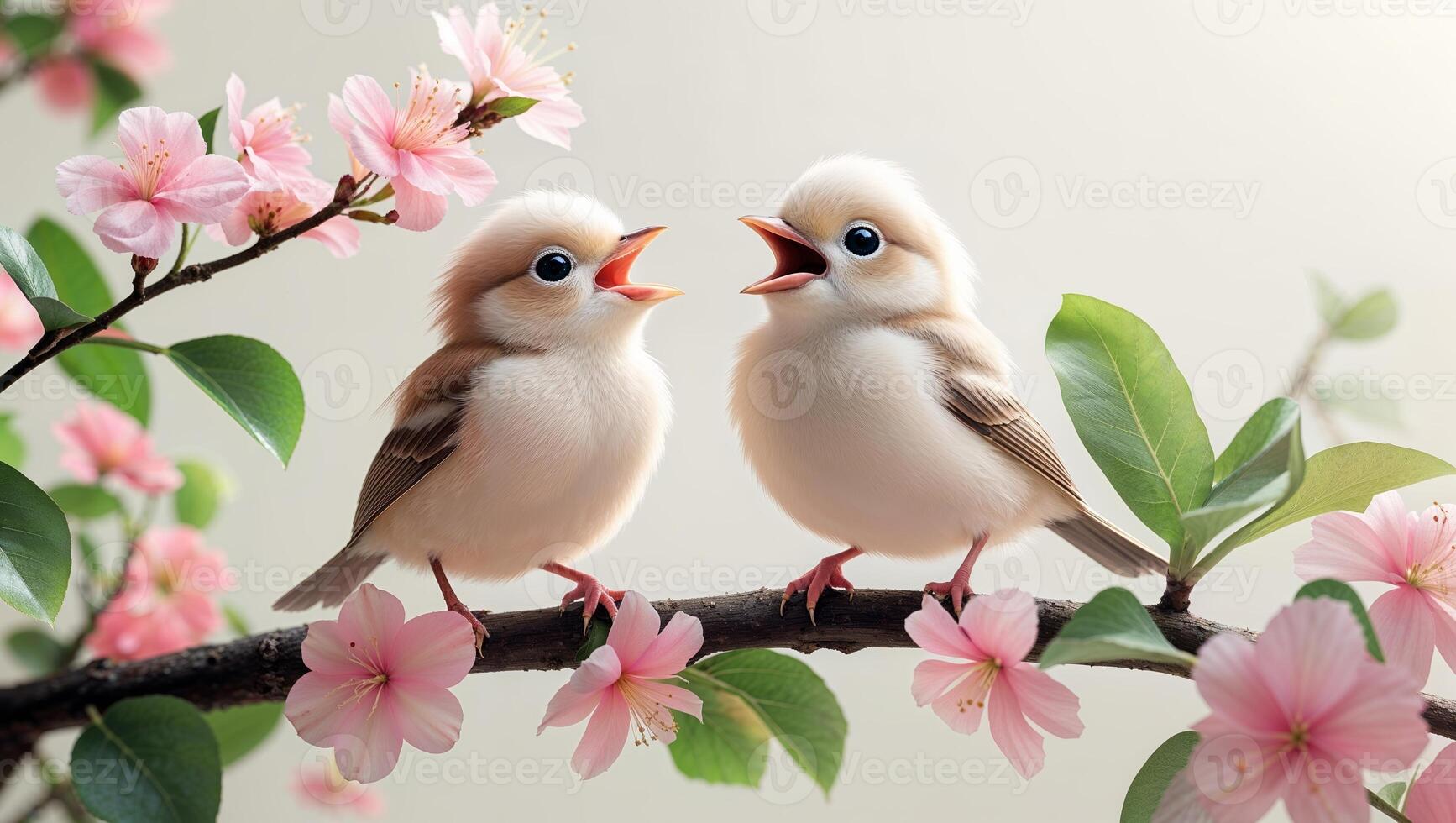 Two small birds perched on a cherry blossom branch singing joyfully in a soft spring setting photo
