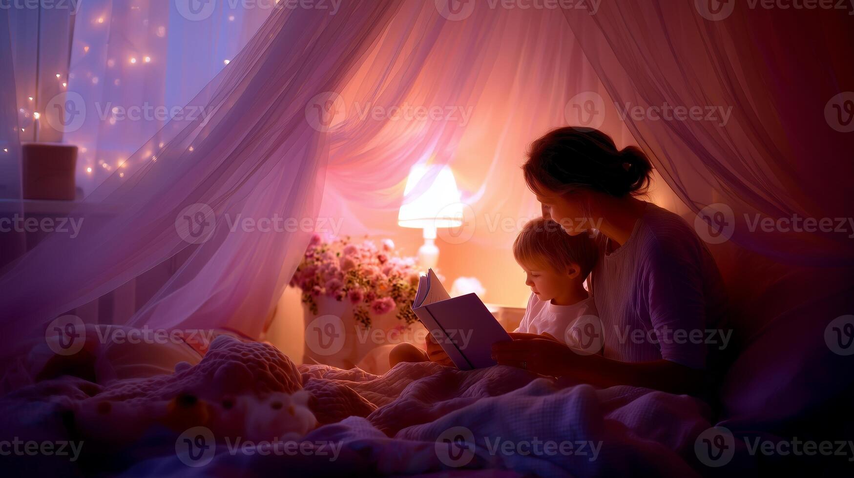 Cozy night reading session between mother and child in a softly lit room with fairy lights photo