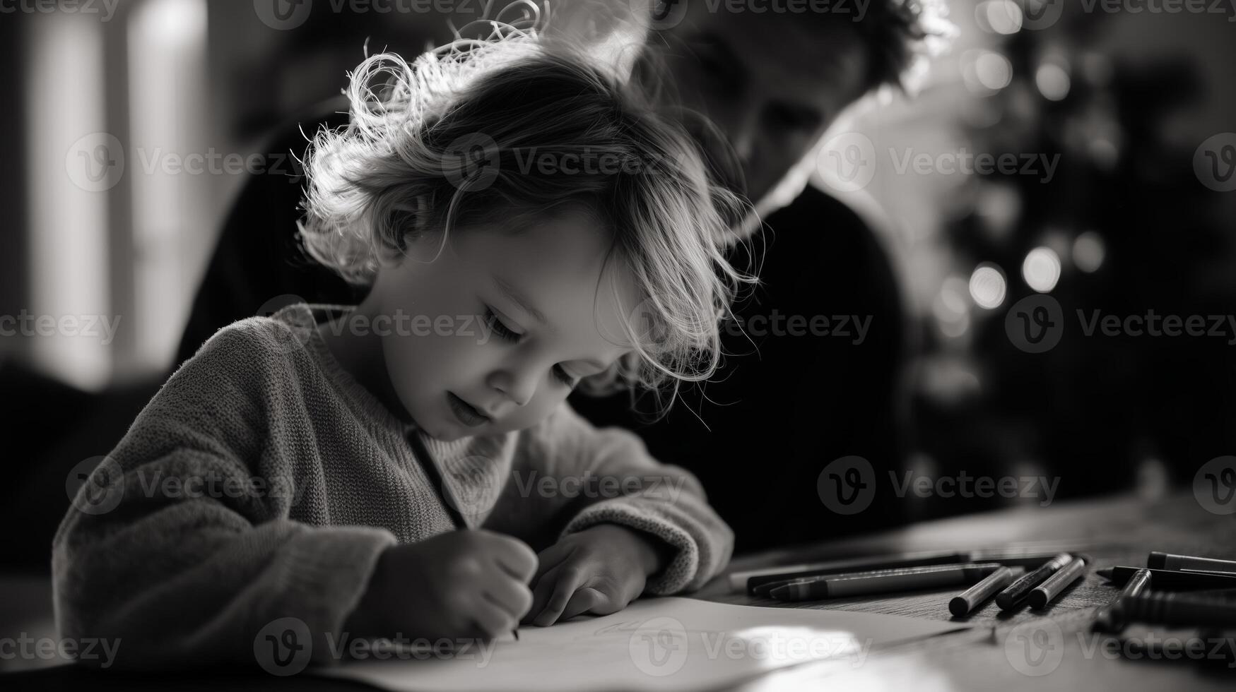 Child enjoying creative time, drawing with colored pencils while adult observes in warm home setting during afternoon light photo