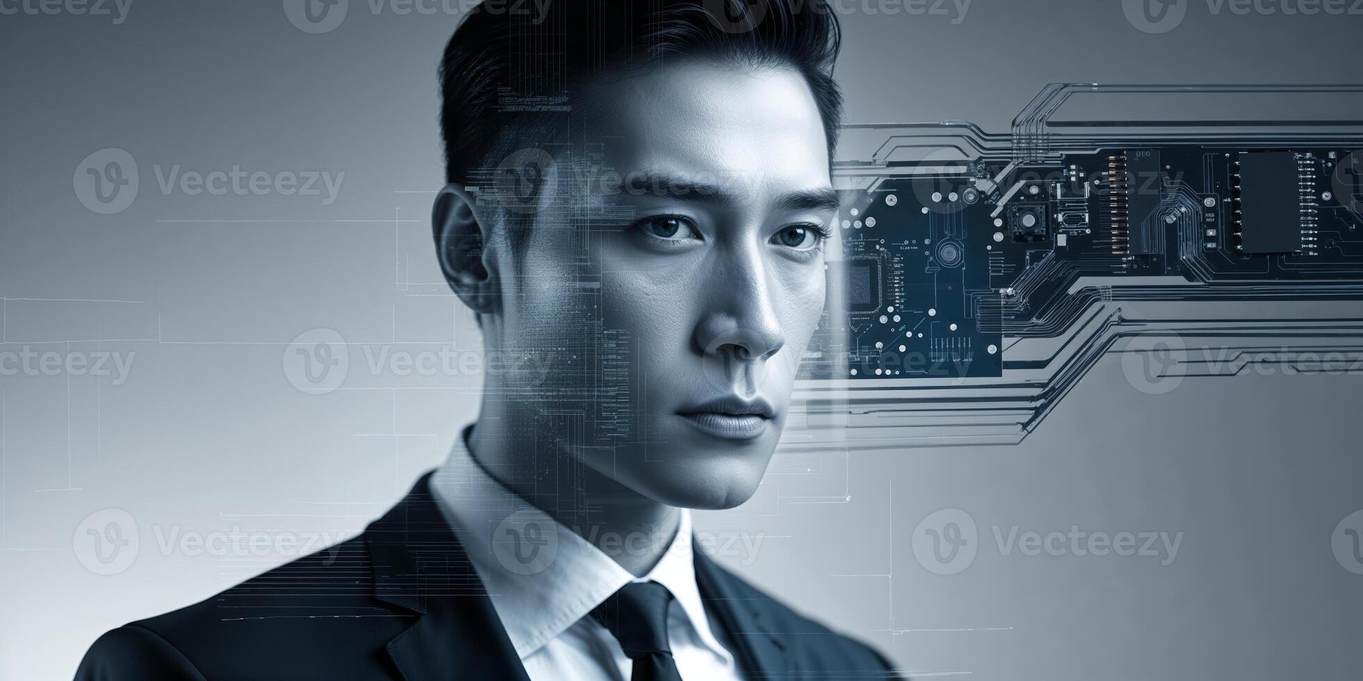 Professional man with futuristic technology elements engaging in digital transformation in a sleek, modern setting photo