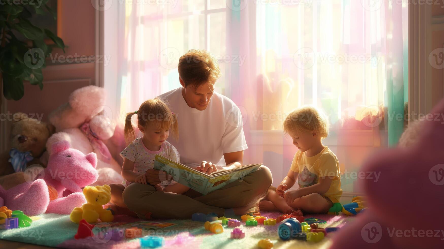 Father reading to children in a cozy room filled with toys during bright afternoon sunlight photo