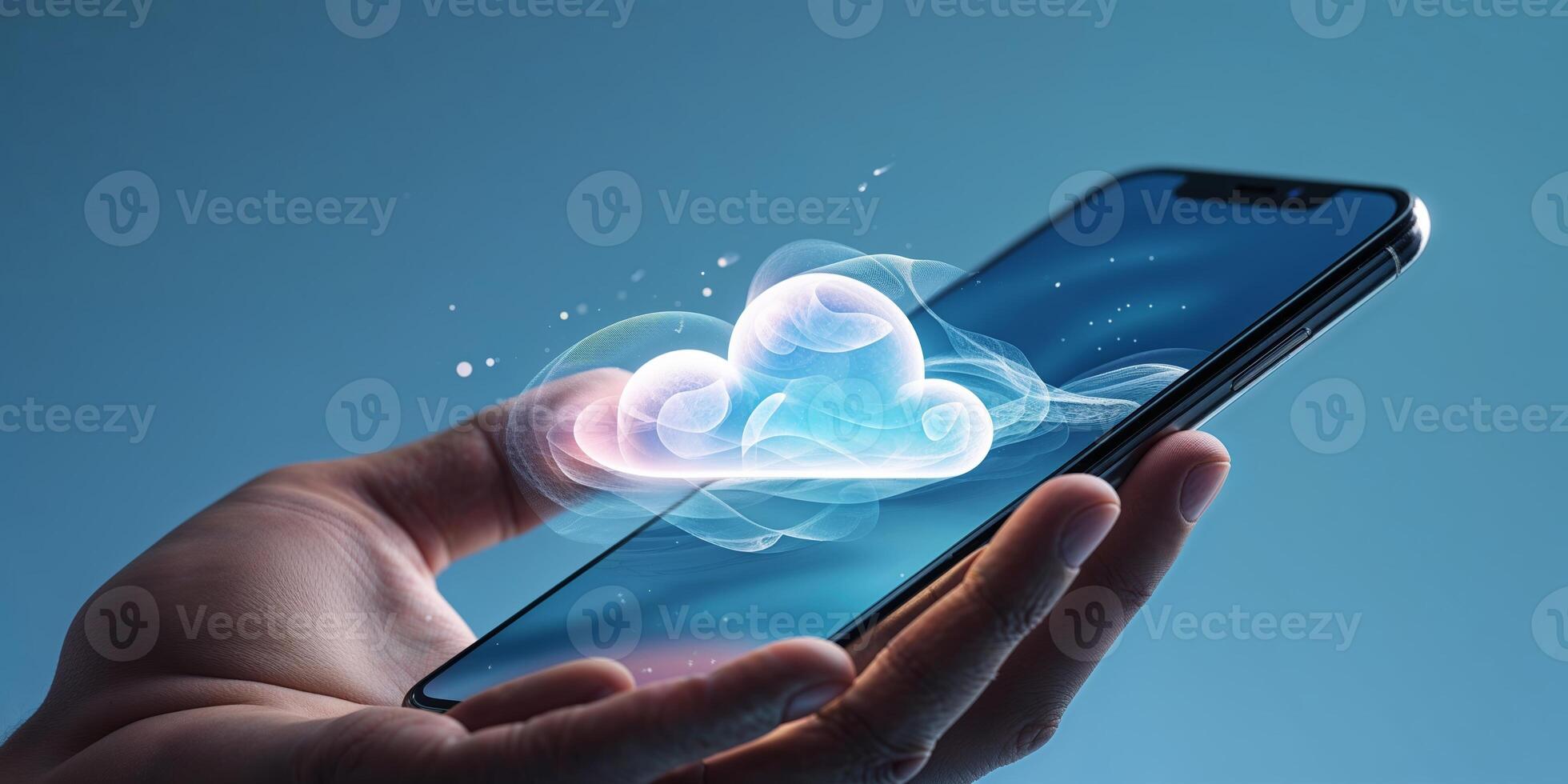 Hand holding smartphone displaying animated cloud on screen indoors photo