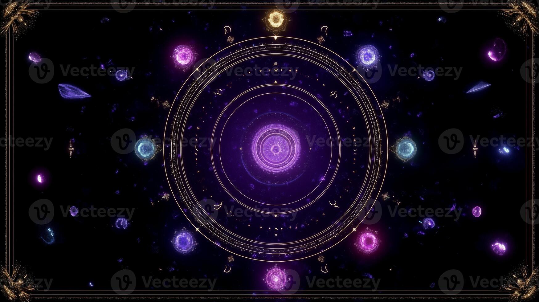 Cosmic journey through a vibrant galaxy featuring celestial symbols and energies in a deep space setting photo