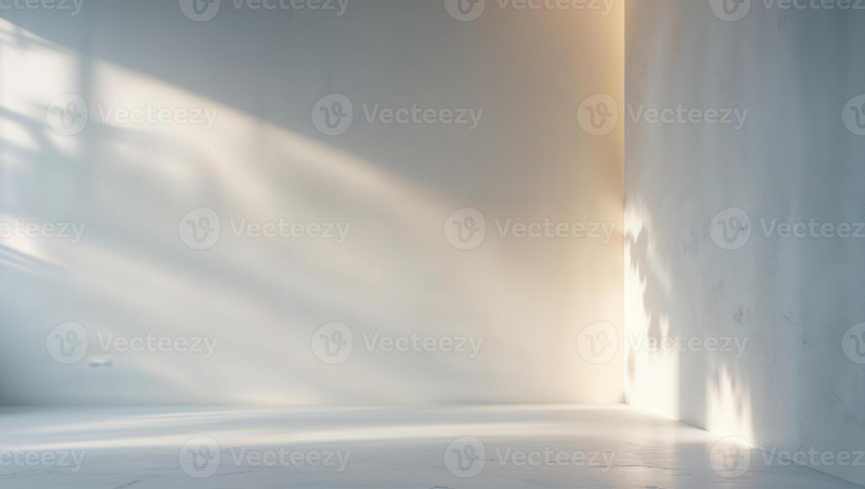 Soft sunlight streams through a window, casting serene shadows in a minimalist indoor space with white walls and a calm ambiance photo