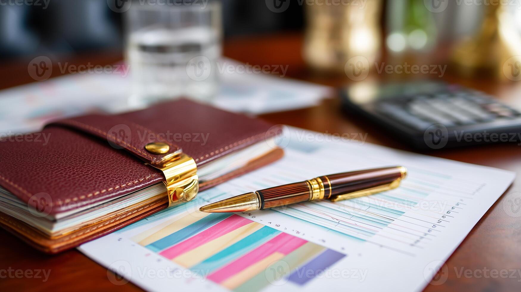 Business planning in a stylish office with a notebook, graphs, and a pen during a productive work session photo