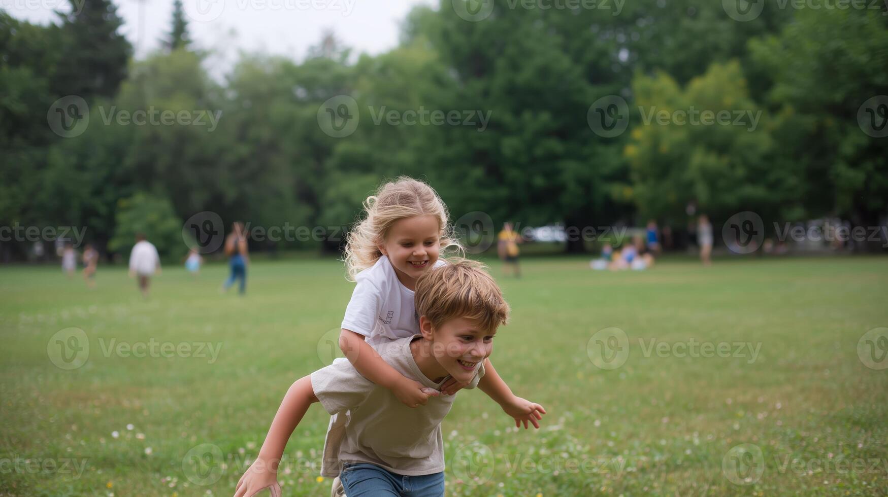 Children play joyfully in the park during a cloudy afternoon, laughing and enjoying their carefree moments together photo