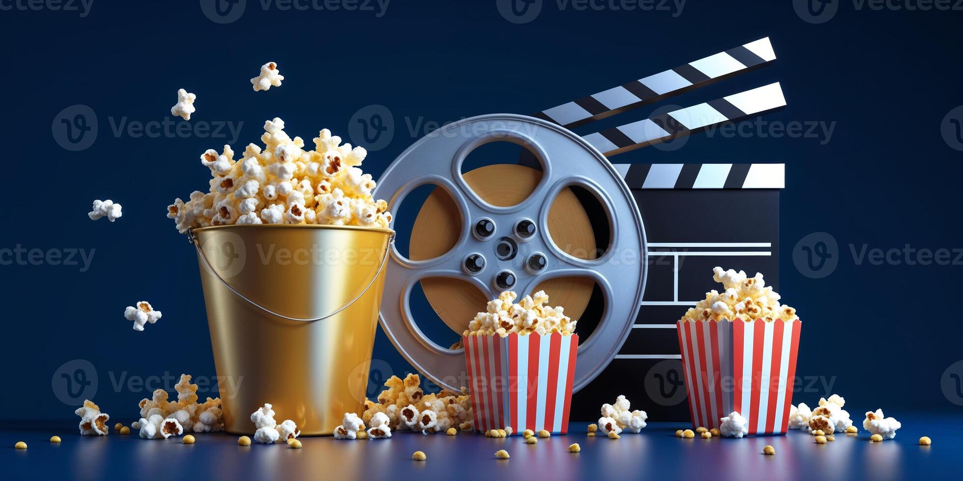 Movie night setup with popcorn, film reel, and clapperboard against a blue background photo