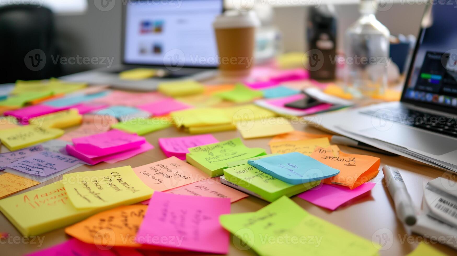 Colorful notes scattered on a workspace during brainstorming session in a creative office setting photo