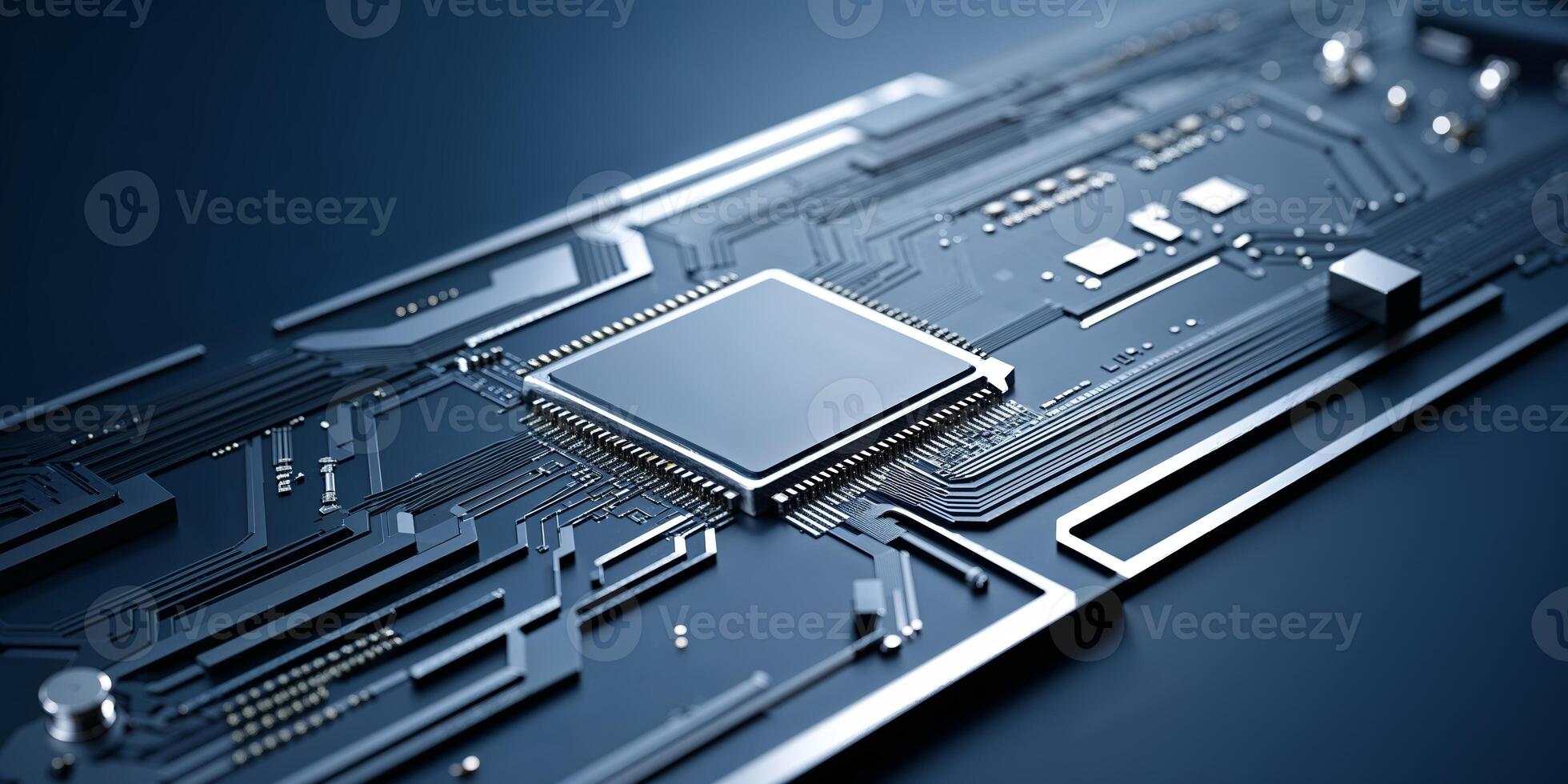 Detail of a modern microchip surrounded by intricate circuit patterns in a sleek technology environment photo