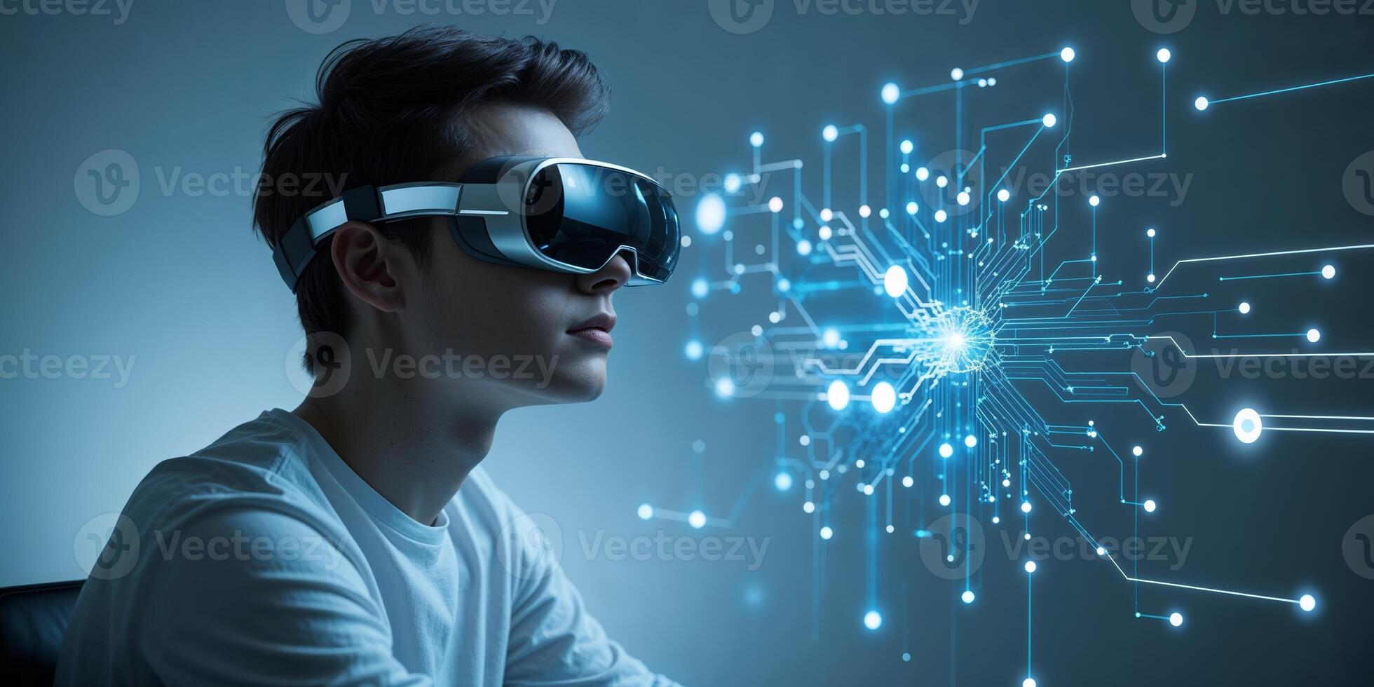 Young individual engages with virtual reality technology in a modern environment, exploring digital landscapes and innovative experiences photo