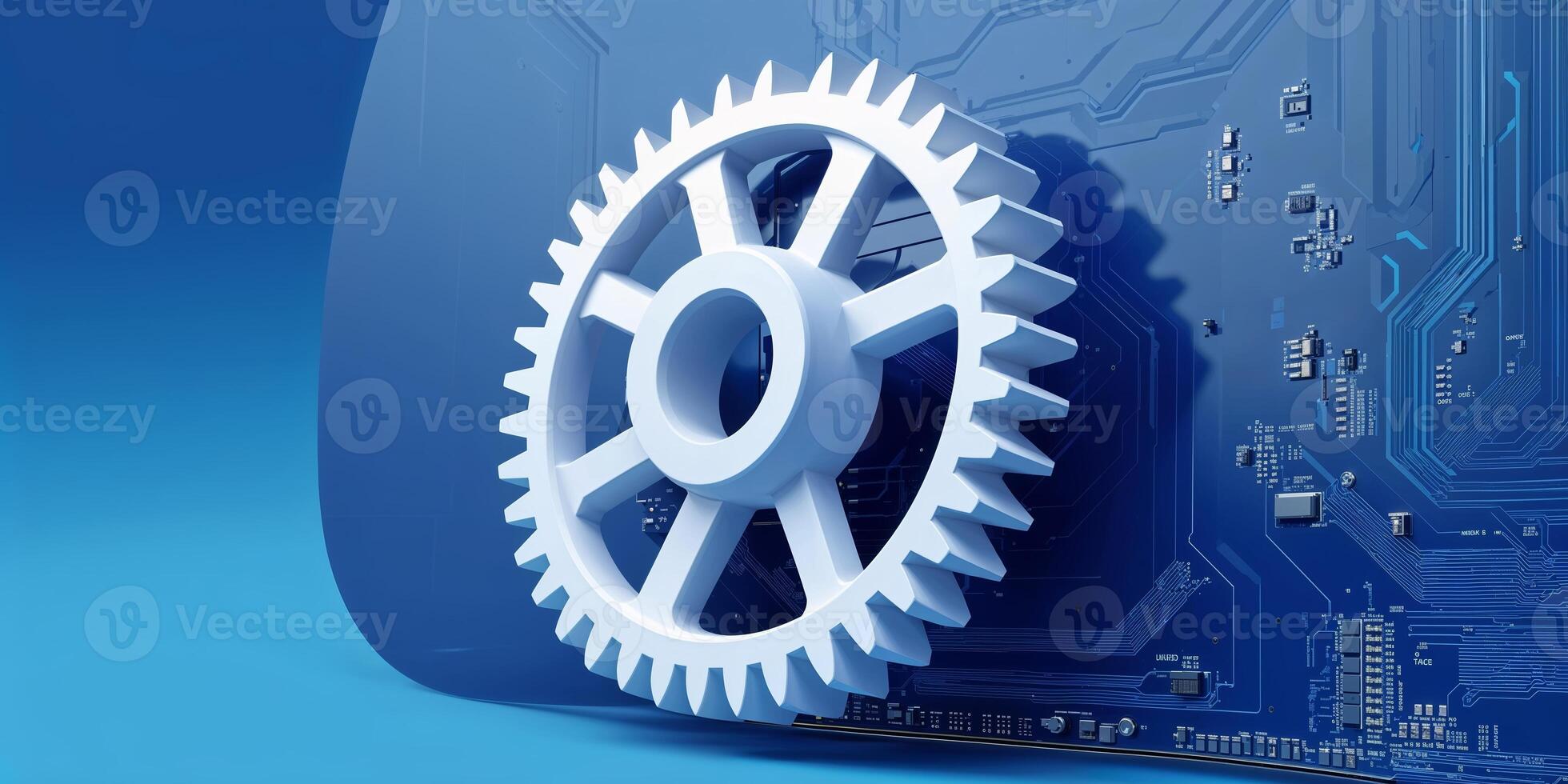 Modern gear technology showcases innovative design against electronic circuit backdrop in blue tones photo