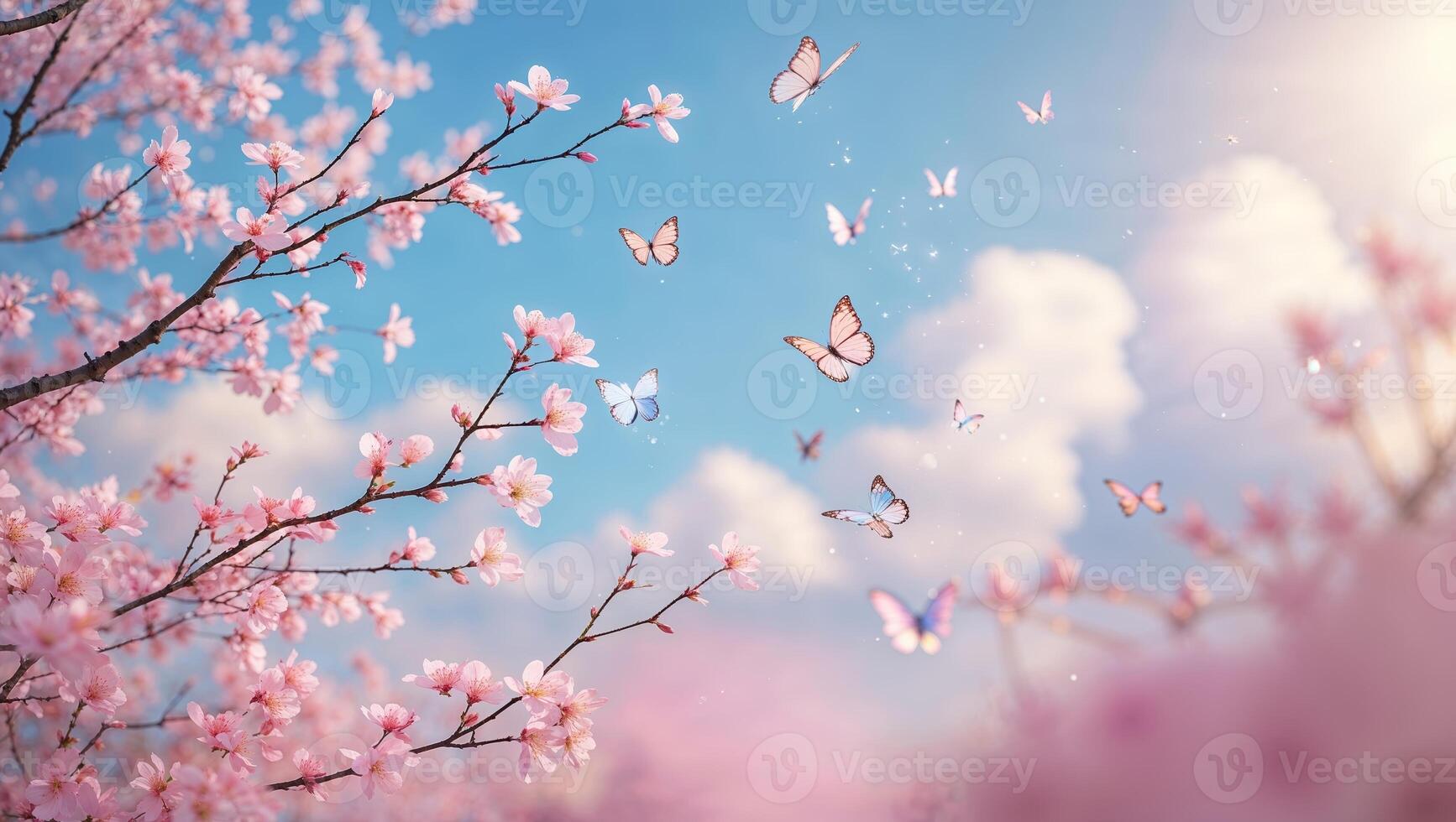 Blooming cherry blossoms with butterflies dancing in the spring sky during a sunny day photo
