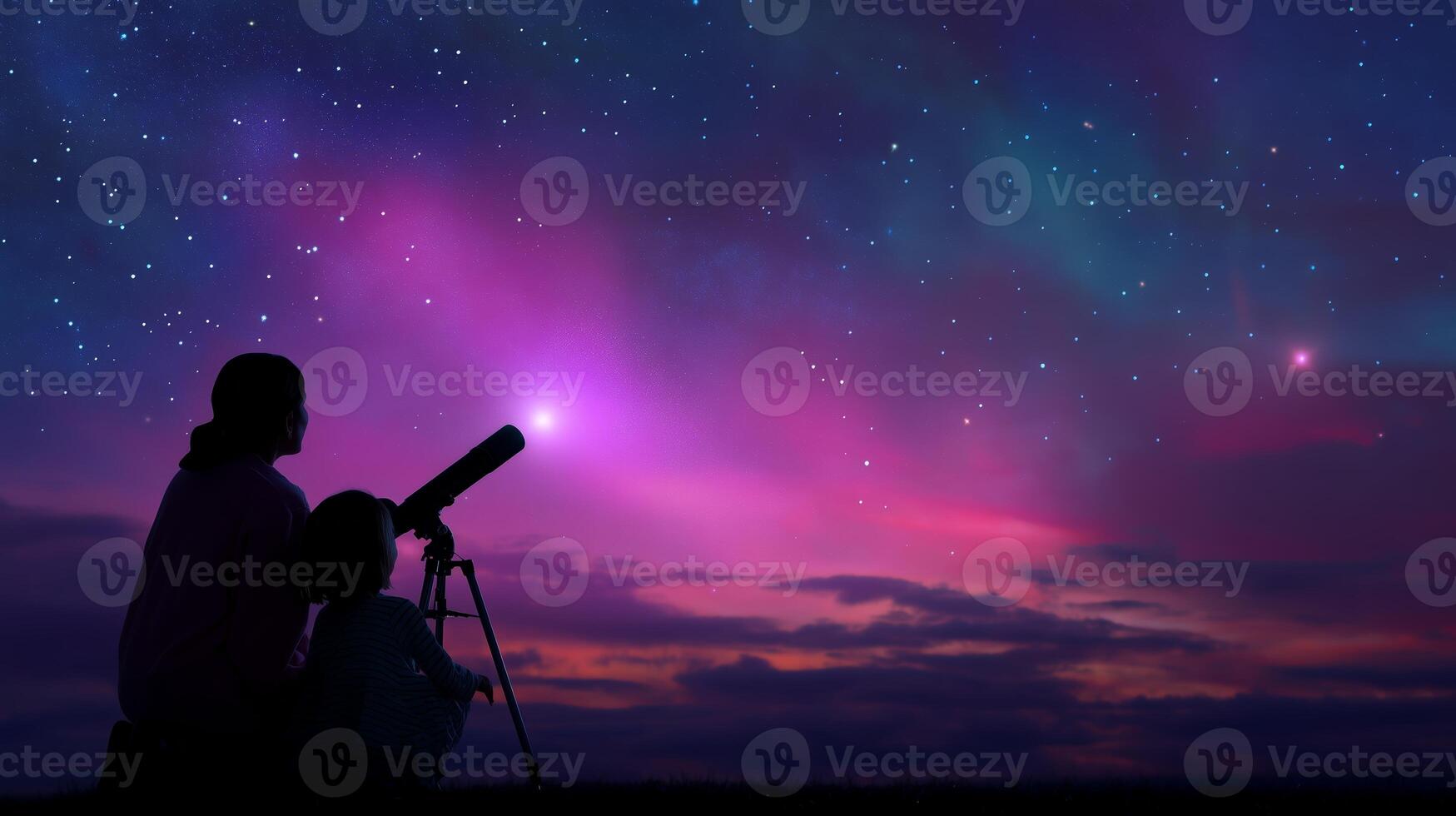 Star gazing activity under a vibrant night sky with planets visible and a telescope set up on the shore photo