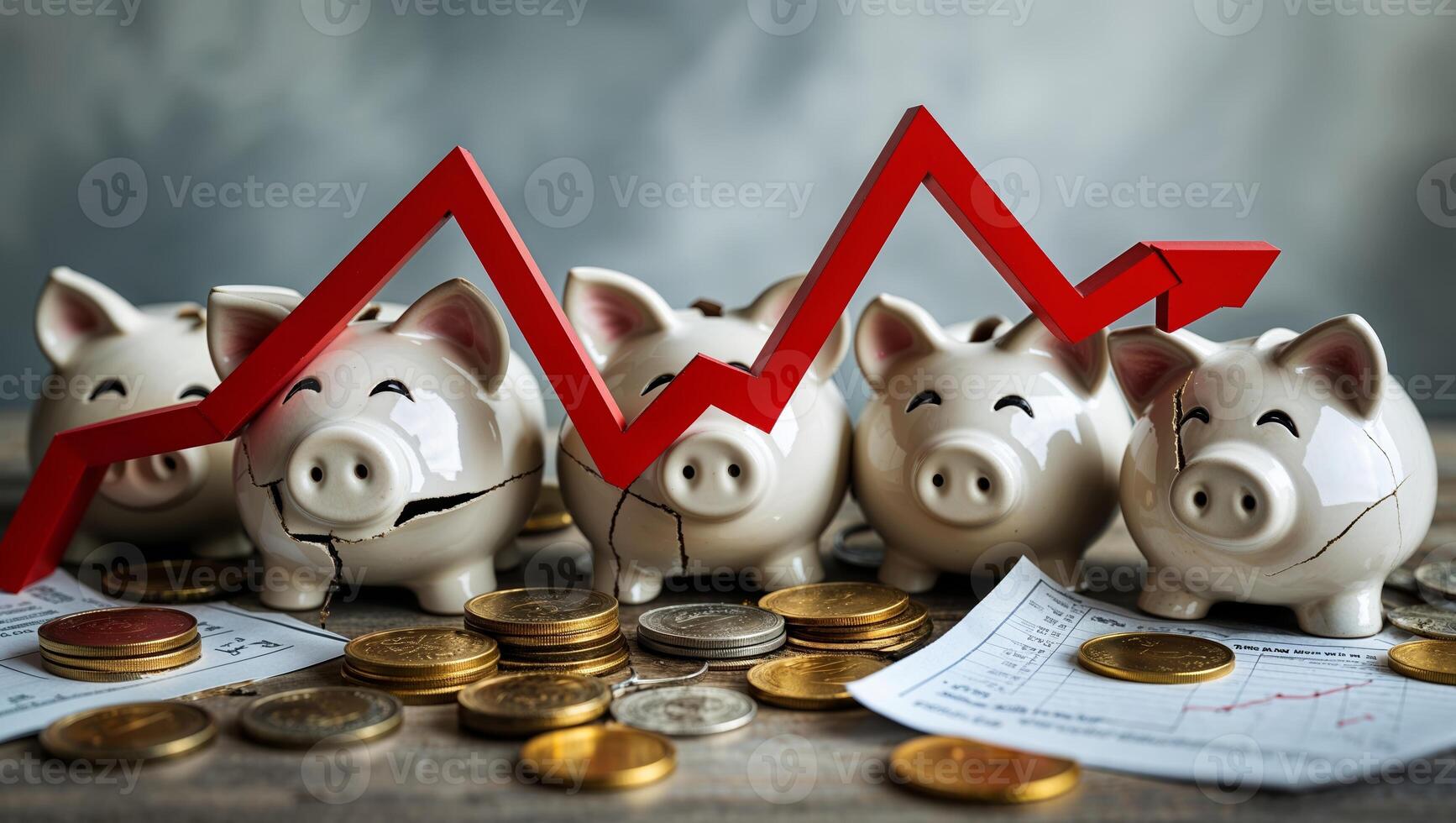 Piggy banks accumulate coins with rising graph indicating financial growth in a budgetary setting photo