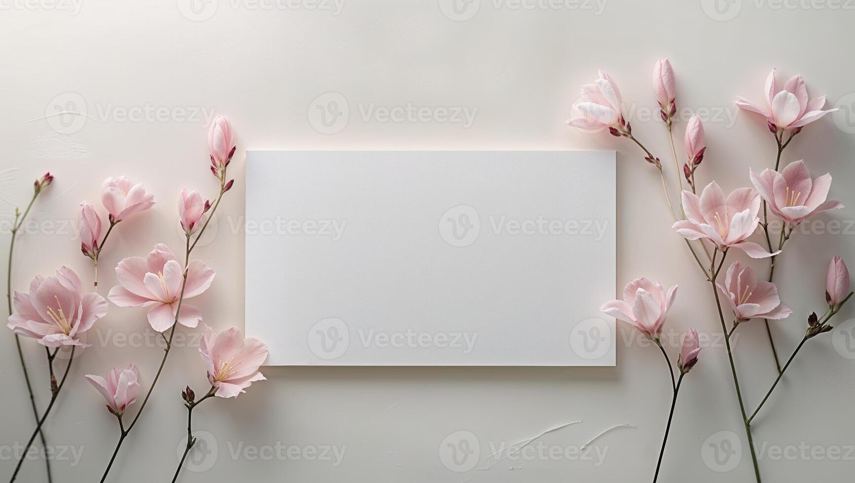 Delicate pink flowers surround a blank card on a light background for creative announcements or invitations photo