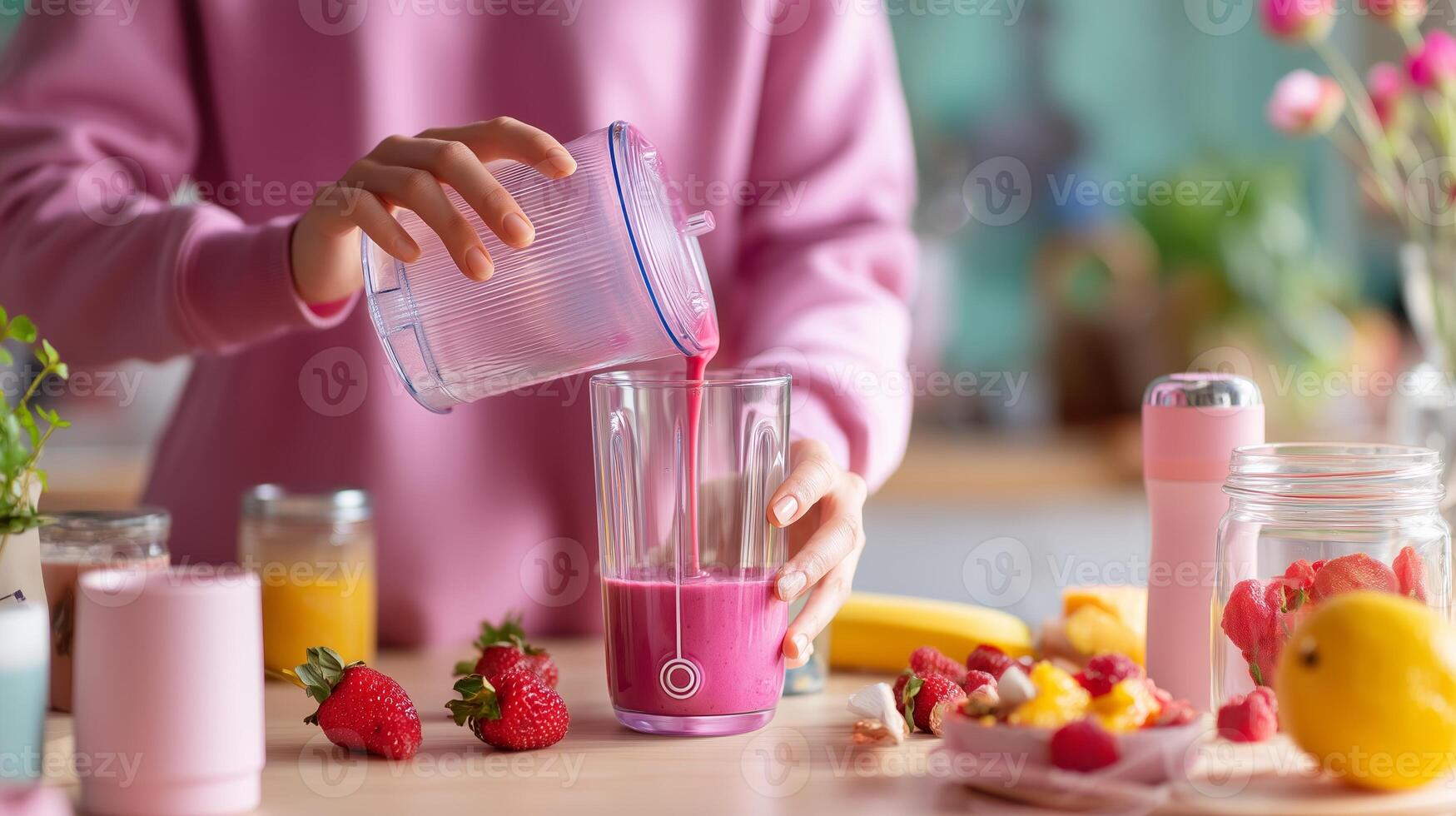 Blending vibrant fruit smoothie in a cozy kitchen during morning hours with fresh ingredients and cheerful decor photo
