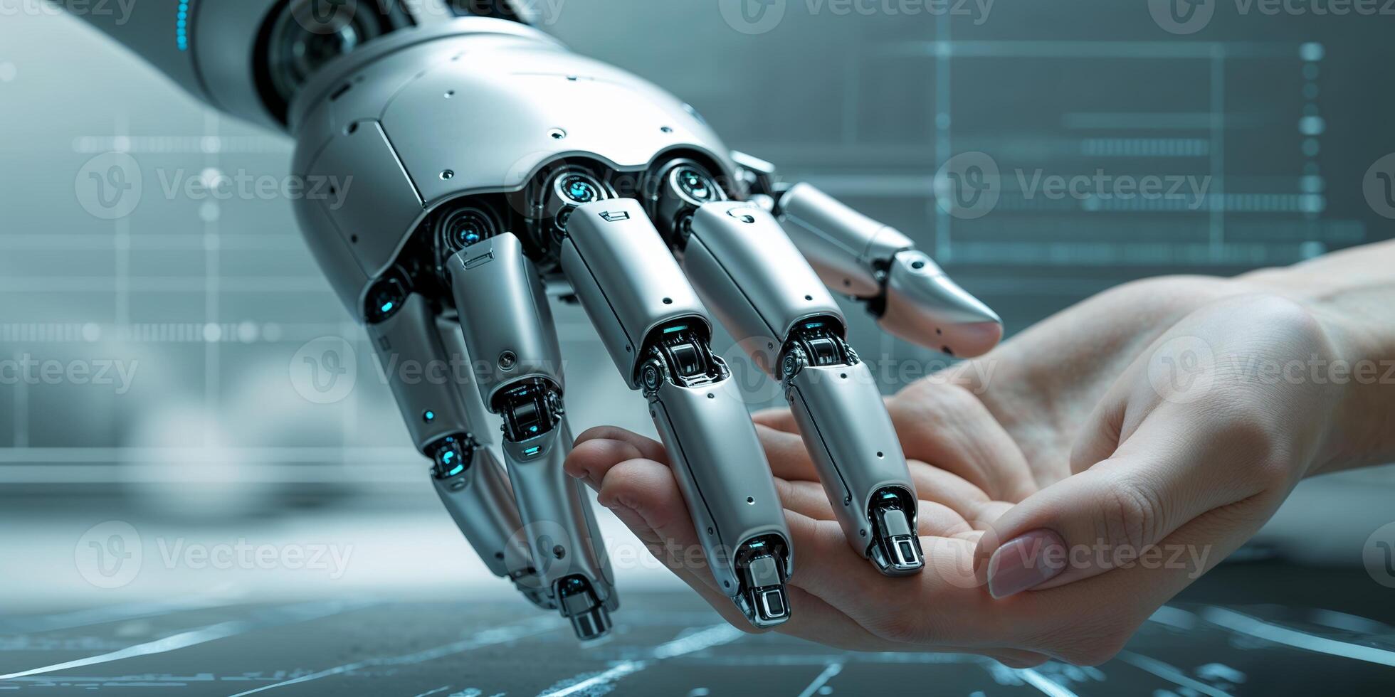 Interaction between human hand and robotic hand showcasing advancements in technology and innovation in a futuristic environment photo