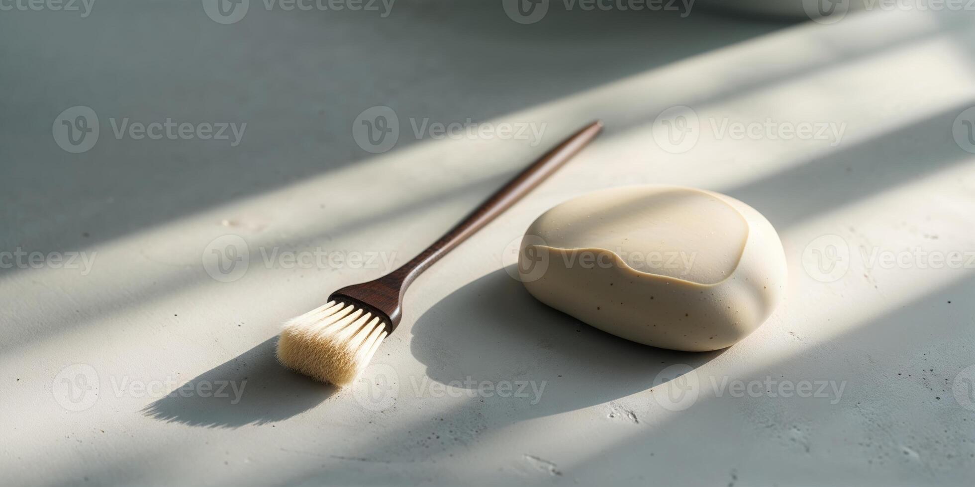 Minimalist styling with brush and smooth stone on modern surface during daylight photo