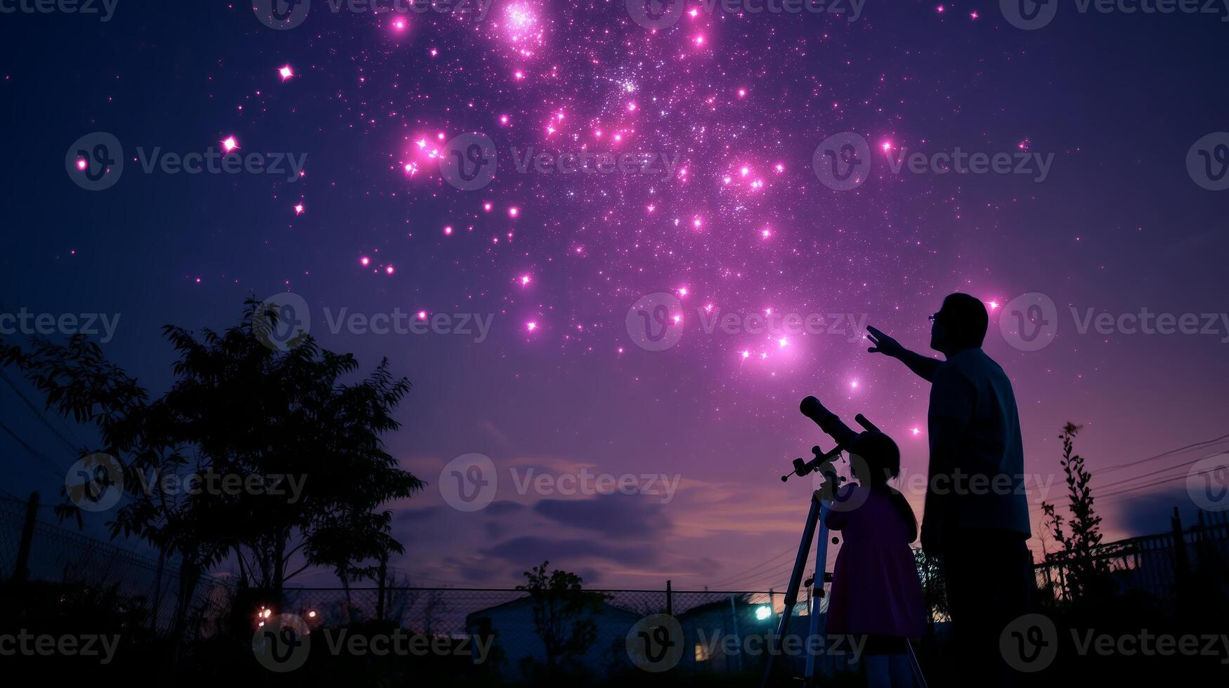 Parent and child stargazing with telescope in the evening sky filled with stars and colorful clouds photo