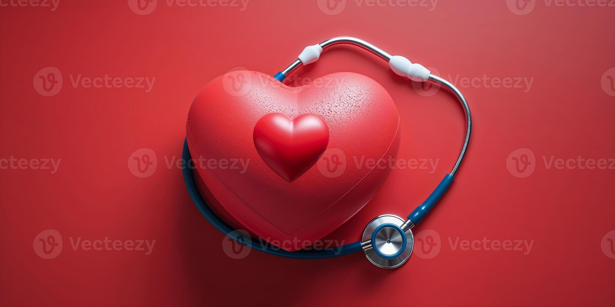 Heart with stethoscope on red background symbolizes health and wellness in medical care and heart health photo