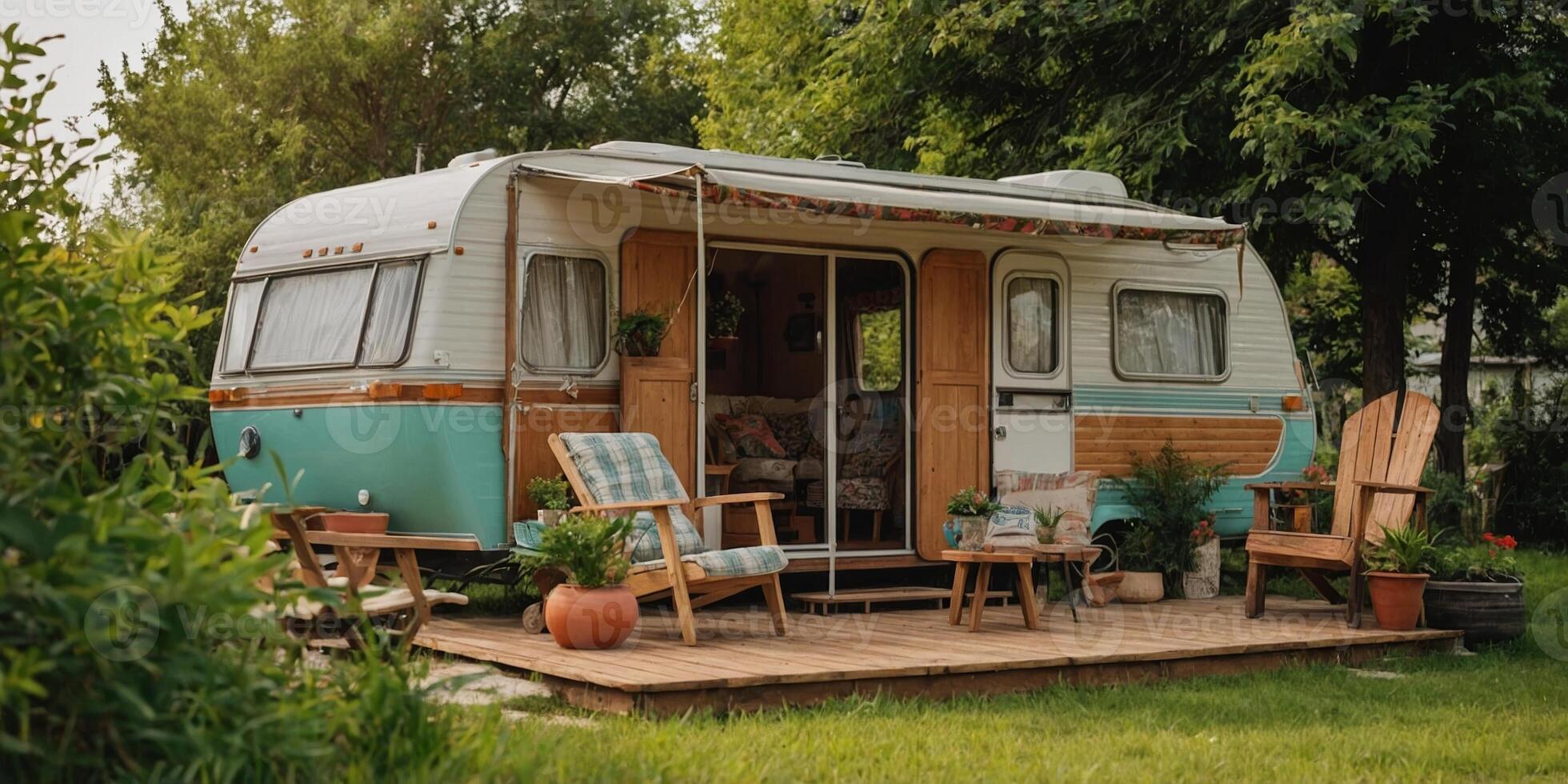 Cozy vintage caravan in a lush garden setting with wooden deck and outdoor seating for relaxing moments photo