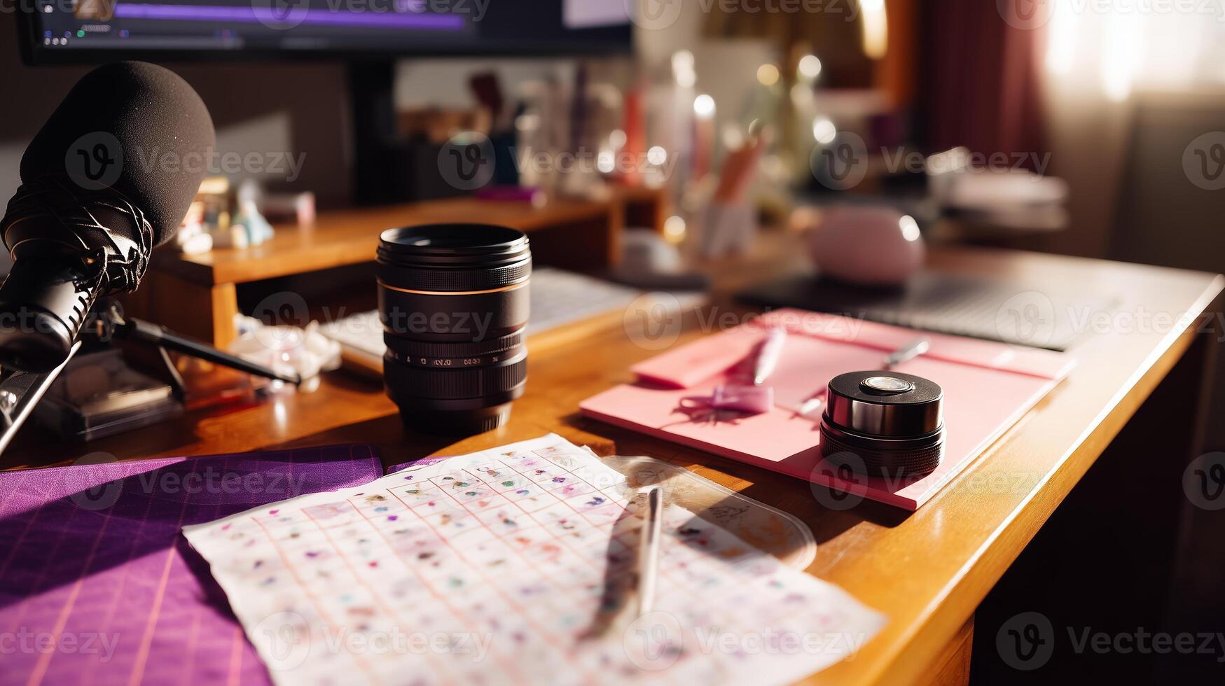 Creative workspace with camera equipment, stationery, and audio gear in a cozy home office during afternoon hours photo