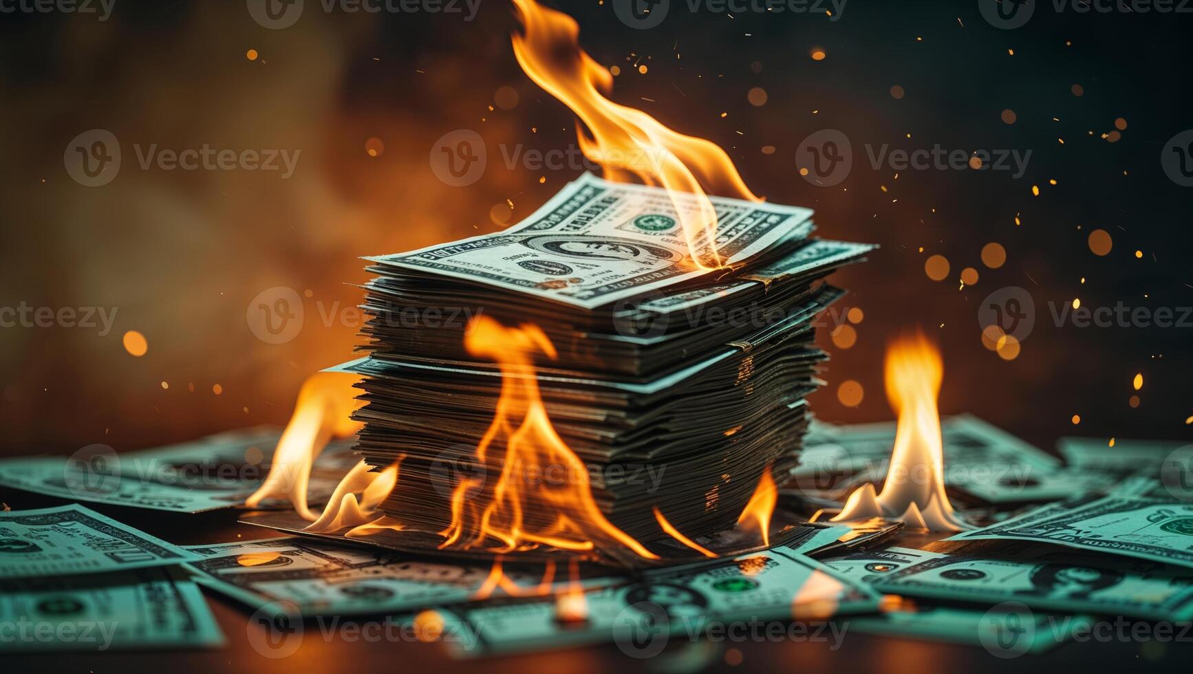Flames engulf a stack of cash in an intense display representing financial loss and destruction photo