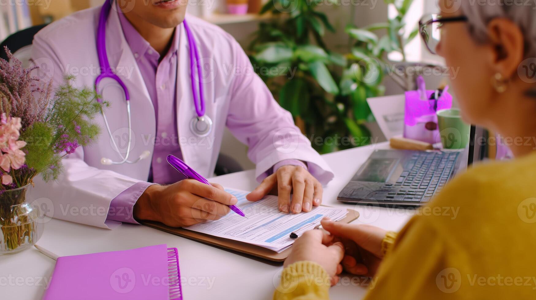 Healthcare professional consulting with patient in a modern office setting during daytime photo