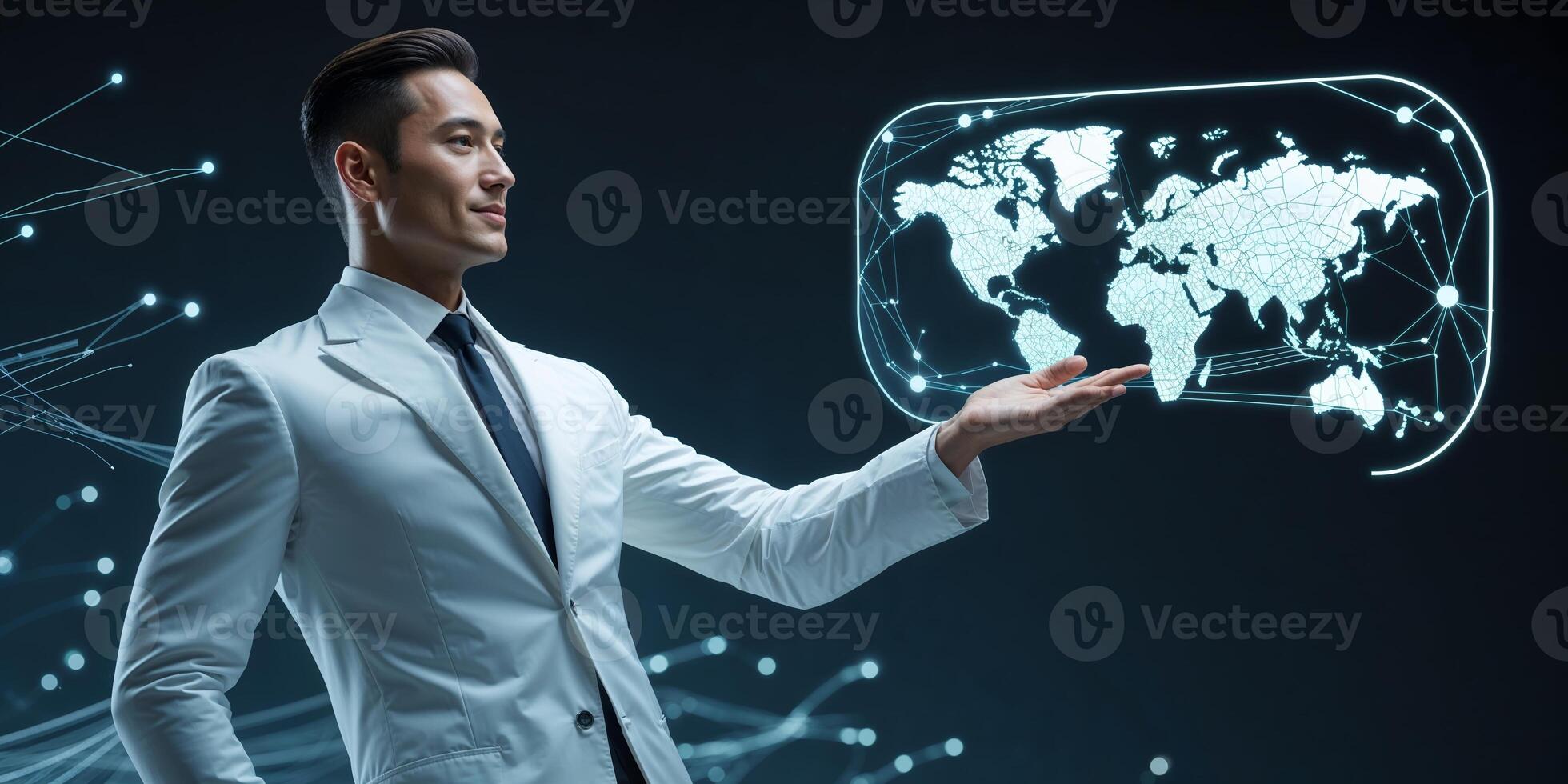 Medical professional presenting a digital world map with glowing lines in a futuristic setting photo