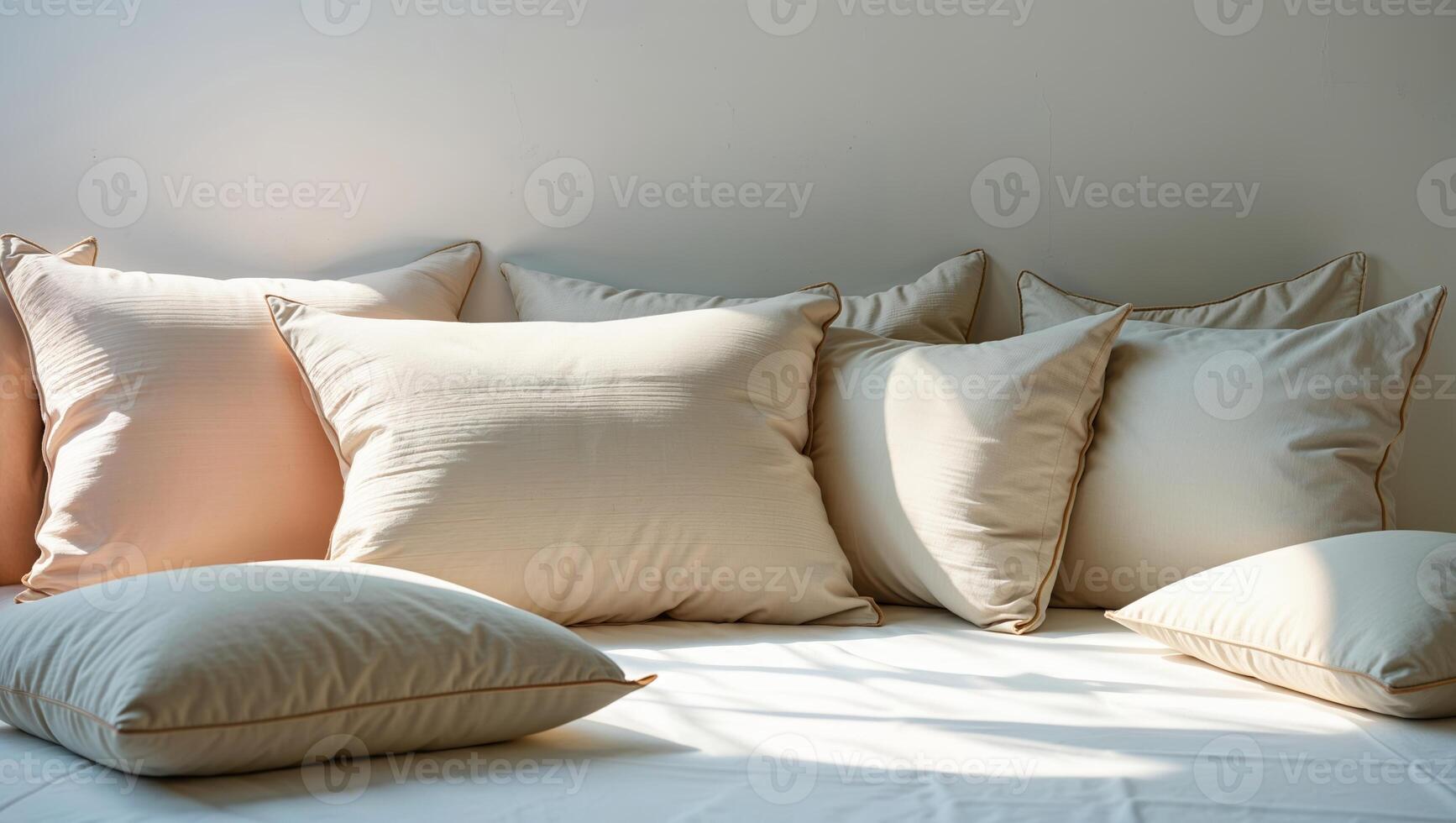 Soft cream-colored pillows arranged on a cozy sofa in natural light creating a warm and inviting atmosphere photo