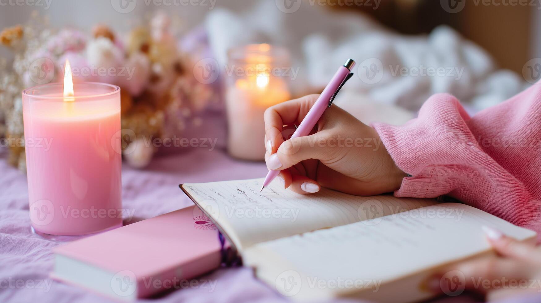 Writing in a cozy space while candles illuminate the warm atmosphere with soft light during a peaceful evening photo