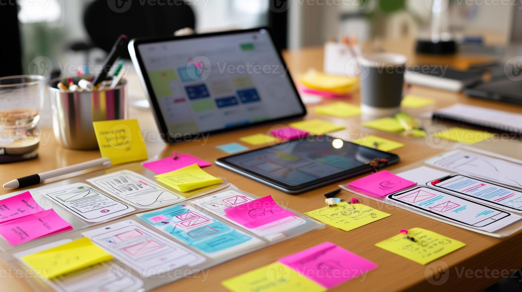 Creative brainstorming session with sticky notes and digital sketches in a modern workspace environment photo