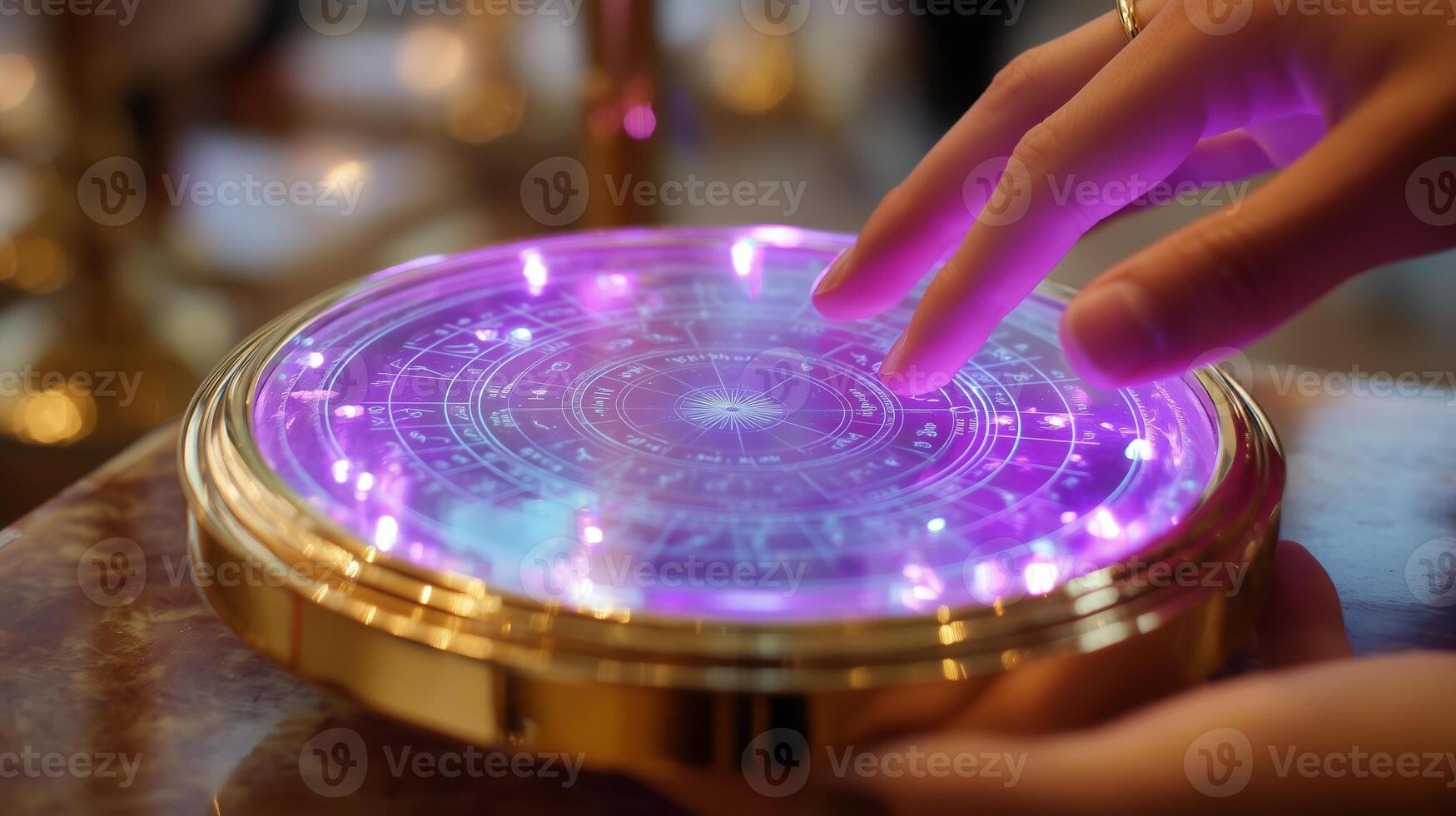 Touching the illuminated astrology device at a mystical fair during the evening hours photo
