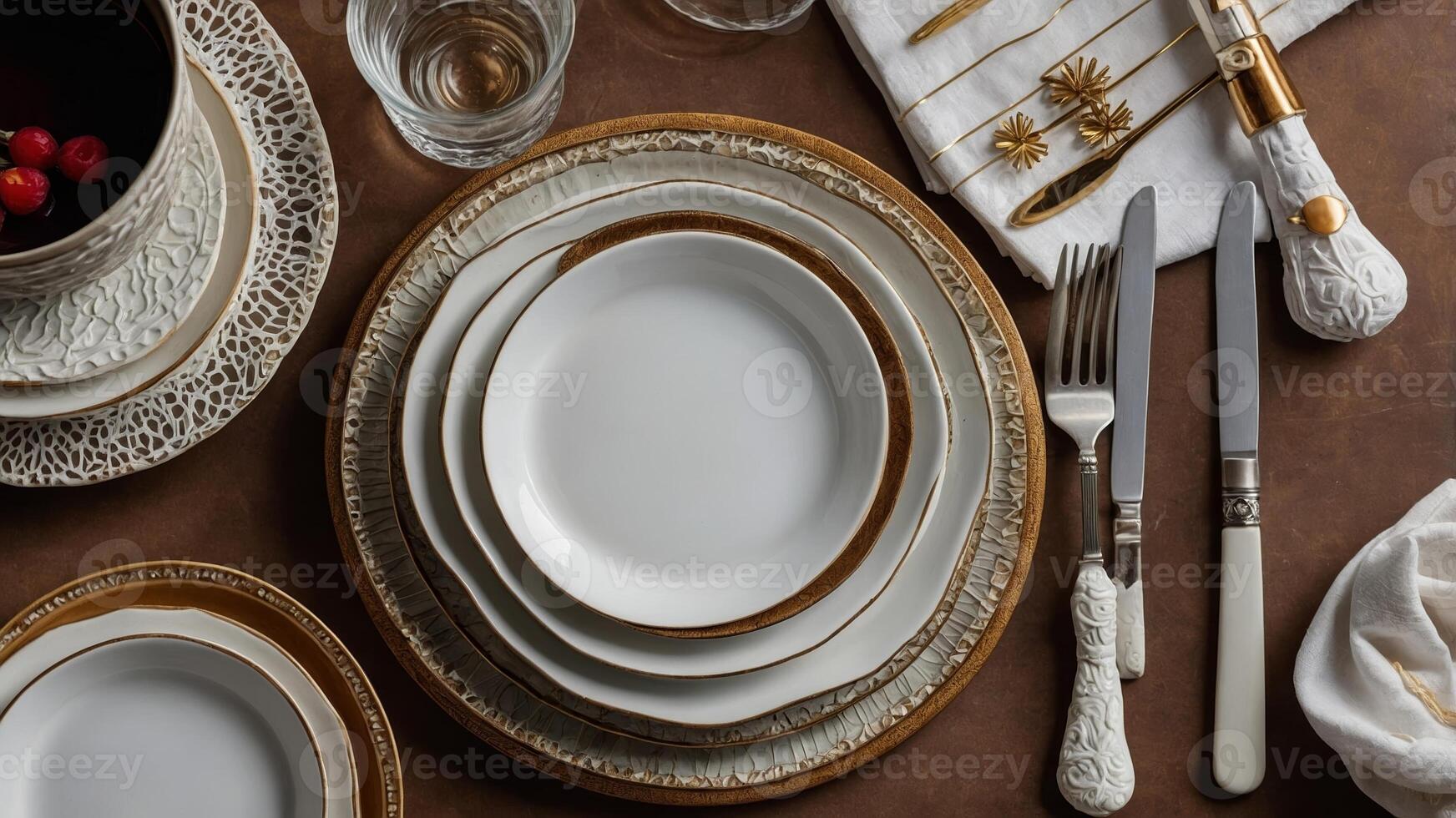 Elegant table setting featuring fine china and cutlery on a rustic wooden surface for a formal dining occasion photo