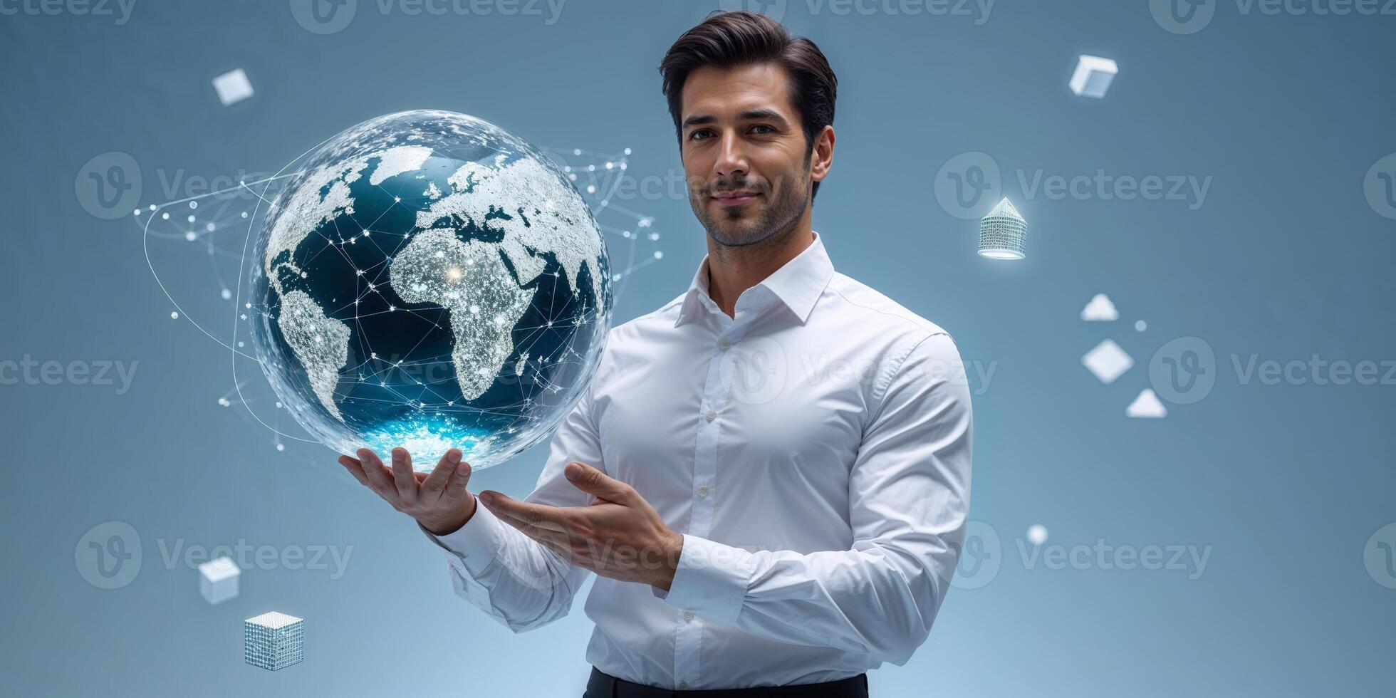 Businessman holding a digital globe in a futuristic setting with technology elements around him photo