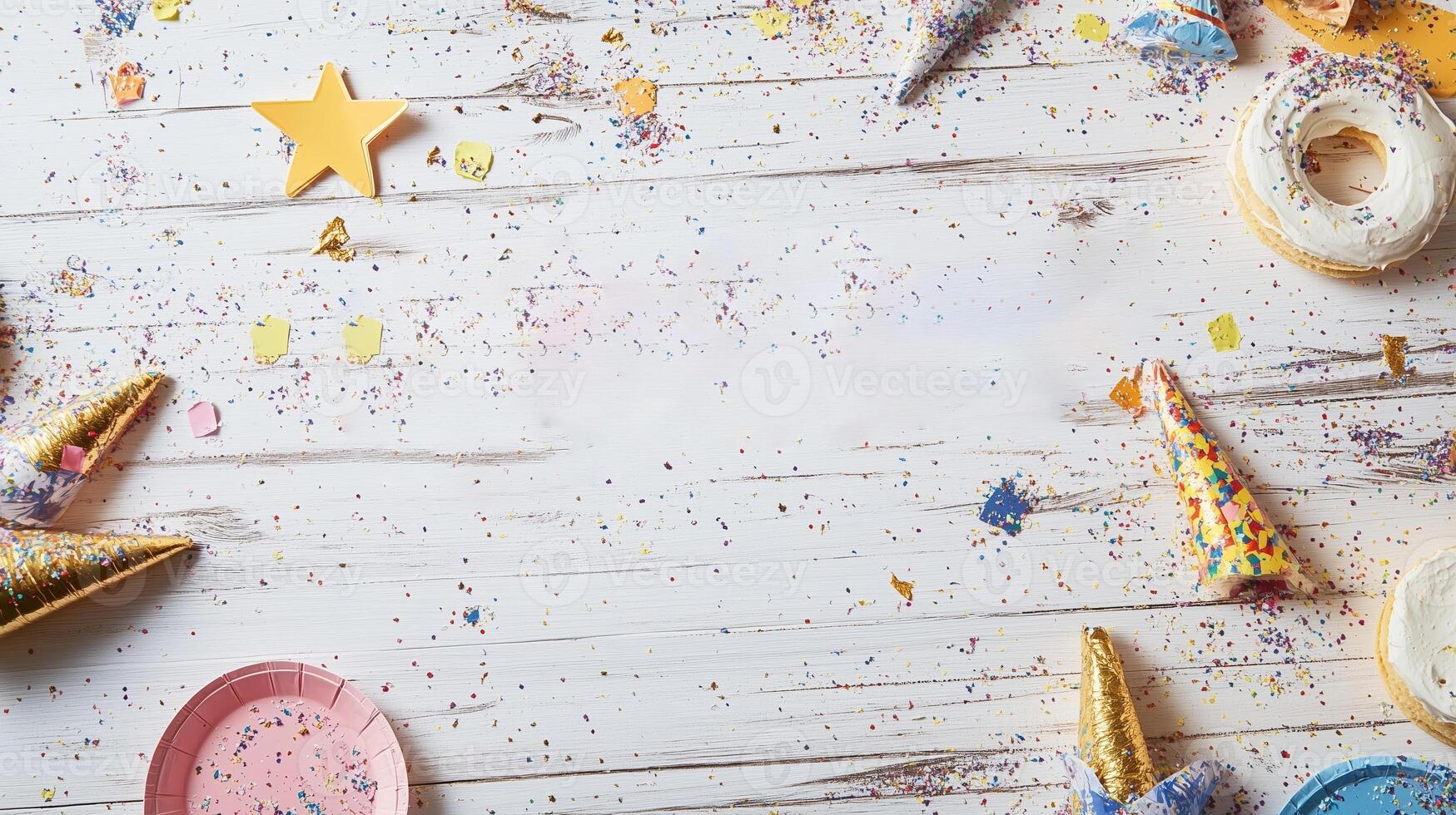 Celebration decorations on a table with colorful confetti and party hats at a festive gathering photo