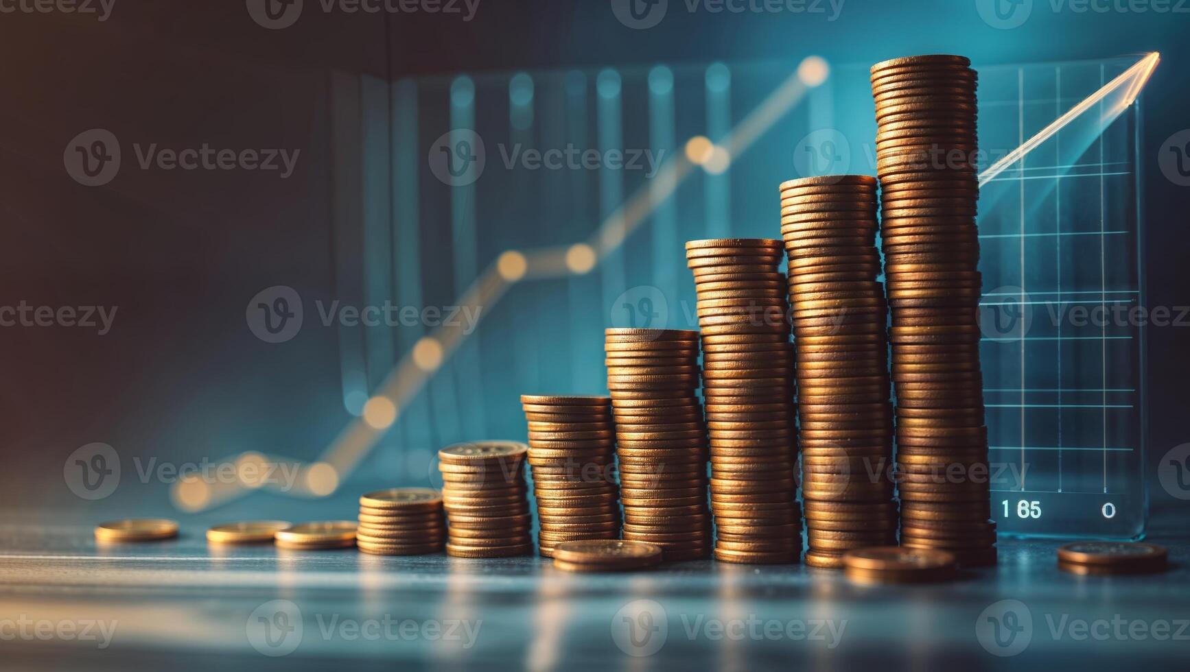Financial growth represented by stacks of coins and upward trending graph in a business setting photo