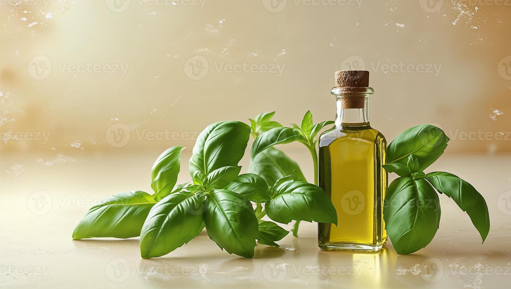 Basil plants paired with a bottle of olive oil on a rustic wooden table in natural light photo
