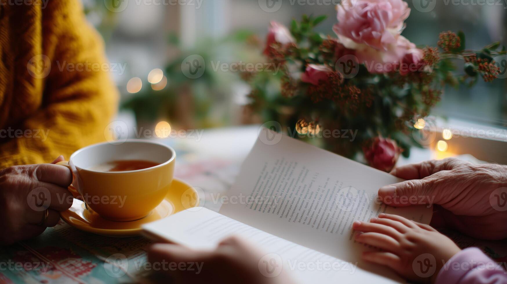 Warm gathering with tea and storytelling on a cozy afternoon in a floral setting photo