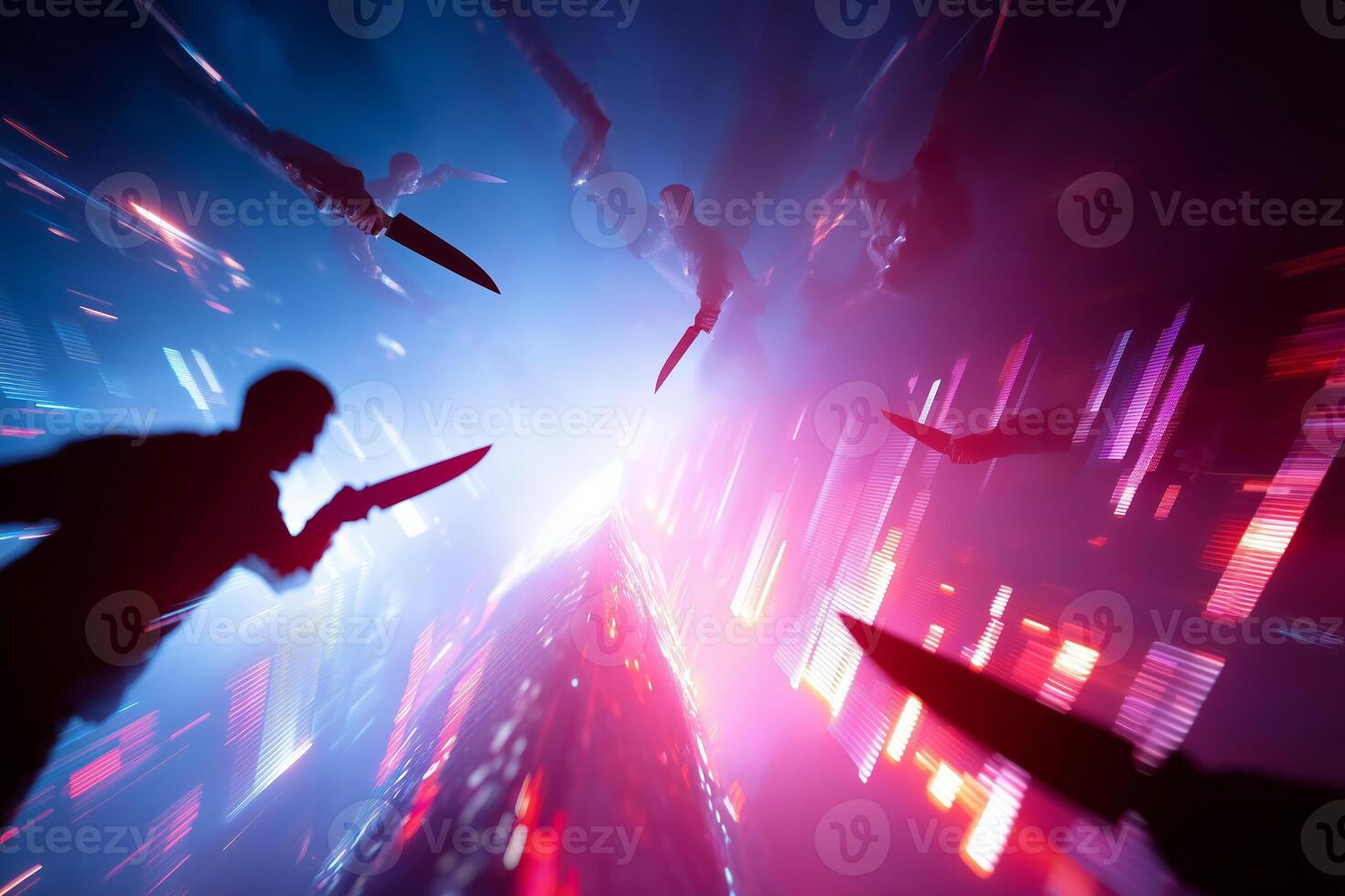 Dynamic action scene with figures wielding knives in a futuristic urban environment at night photo
