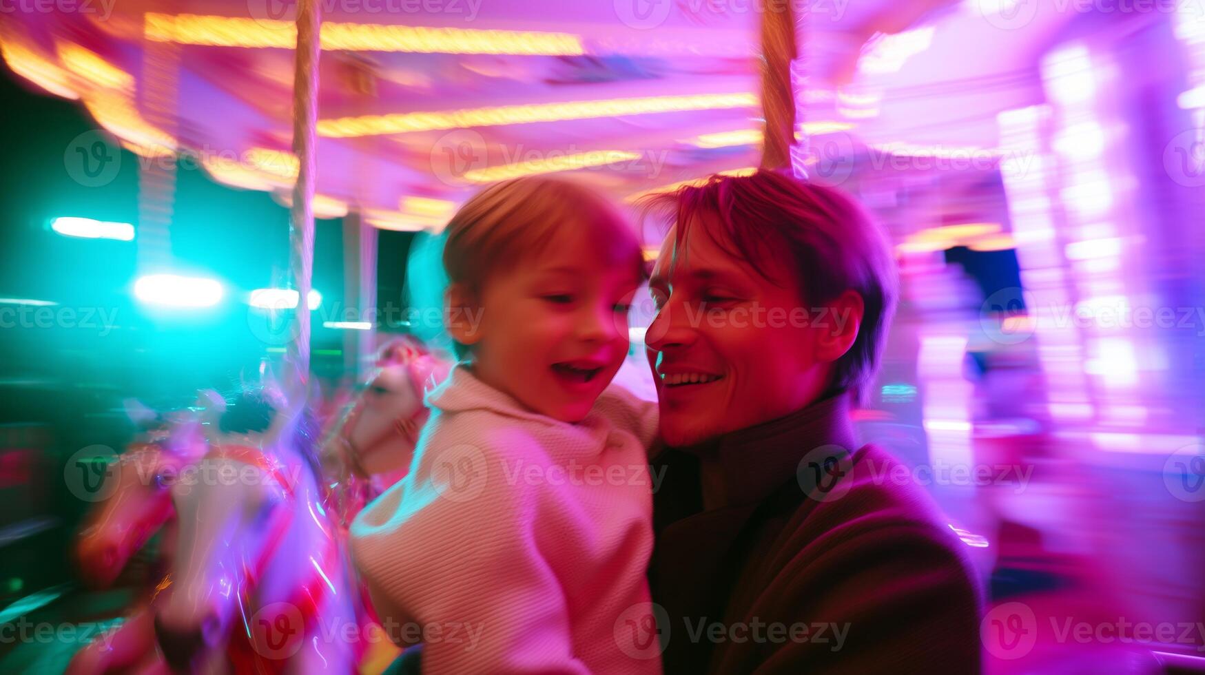 Father and child enjoy a joyful carousel ride at a colorful amusement park during the evening photo