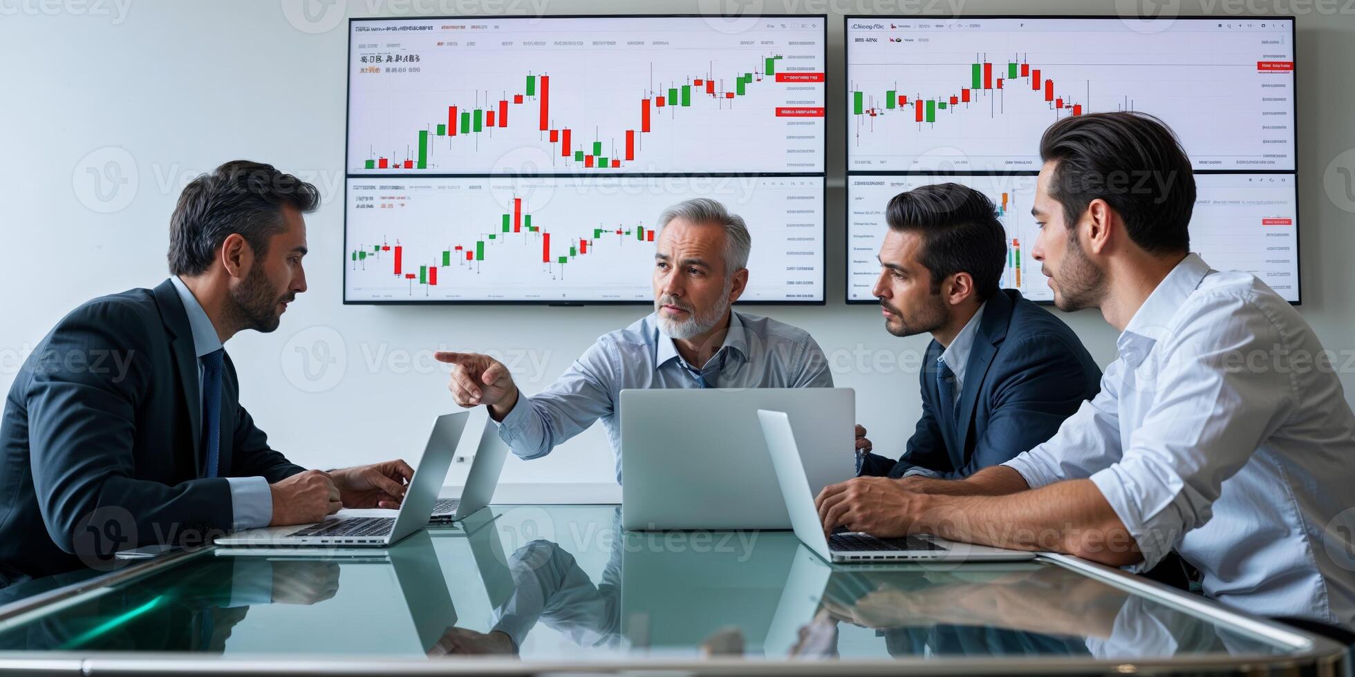 Business team discussing market trends in a conference room with monitors displaying stock charts photo
