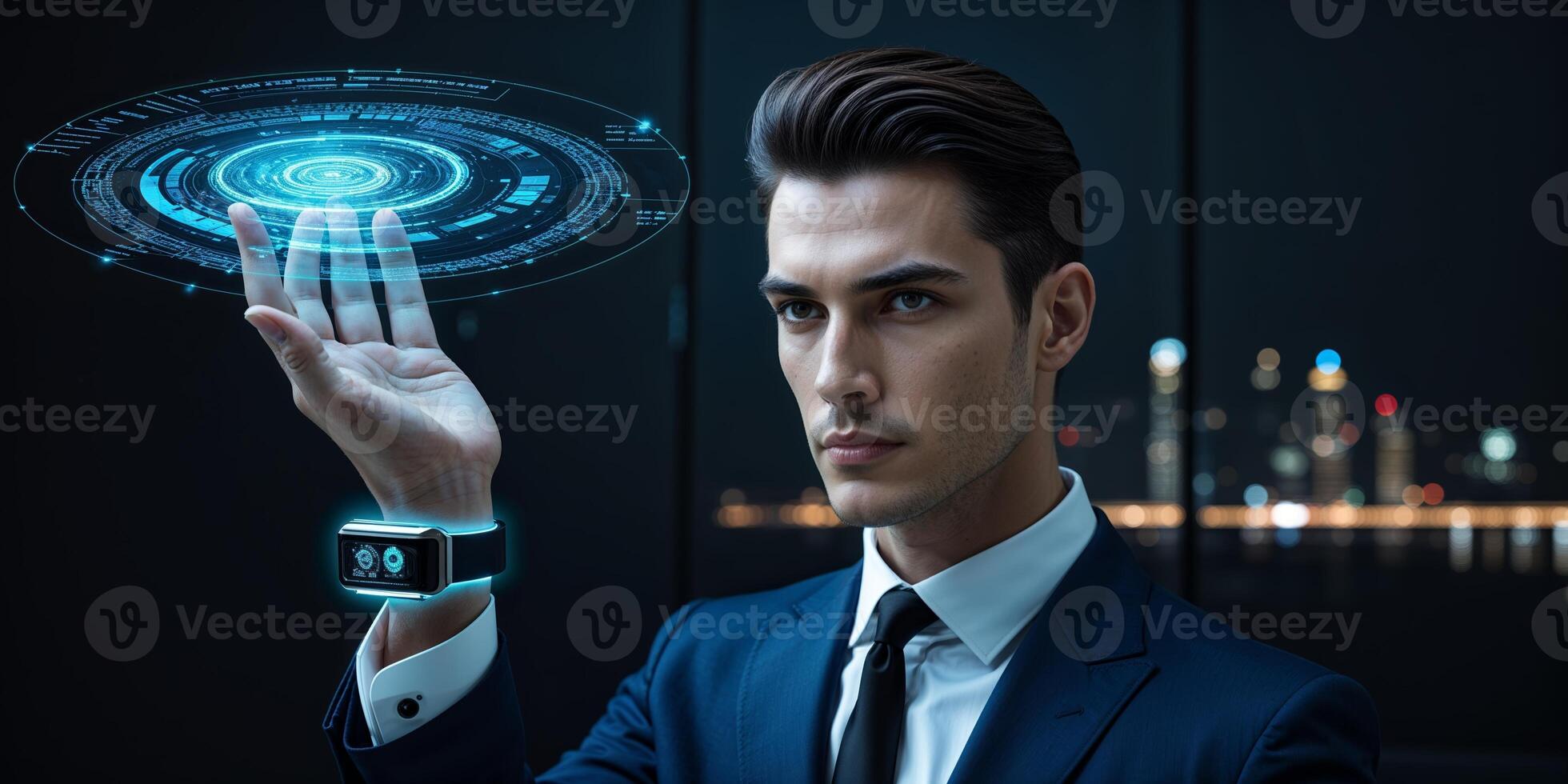 Modern man showcases futuristic technology while standing at a night skyline in a sleek suit with a glowing holographic display photo