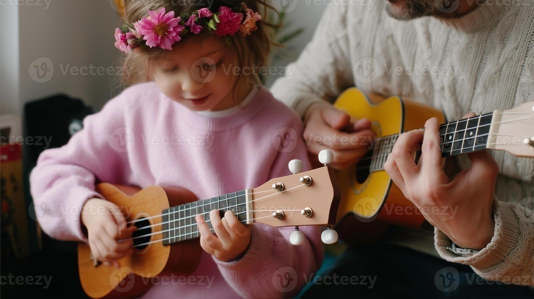 Father and daughter enjoy a joyful music session at home with ukuleles in a cozy interior on a sunny afternoon photo