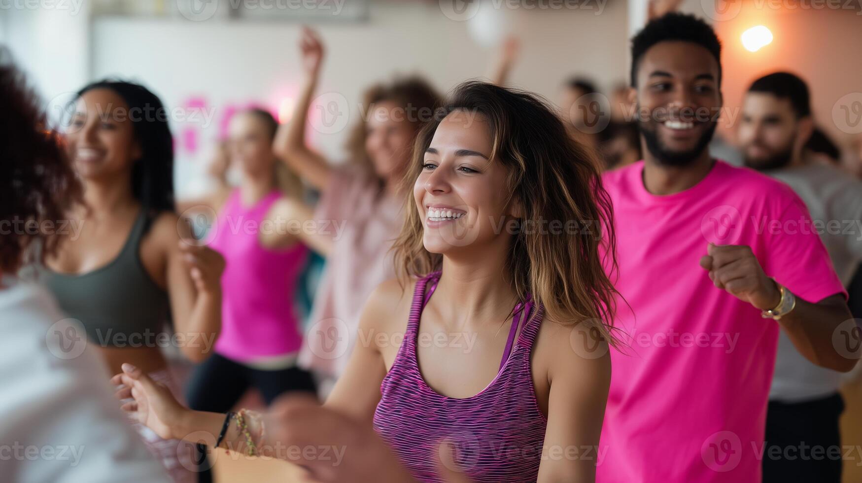Group of people enjoying a vibrant dance workout in a bright studio during an energetic fitness session photo